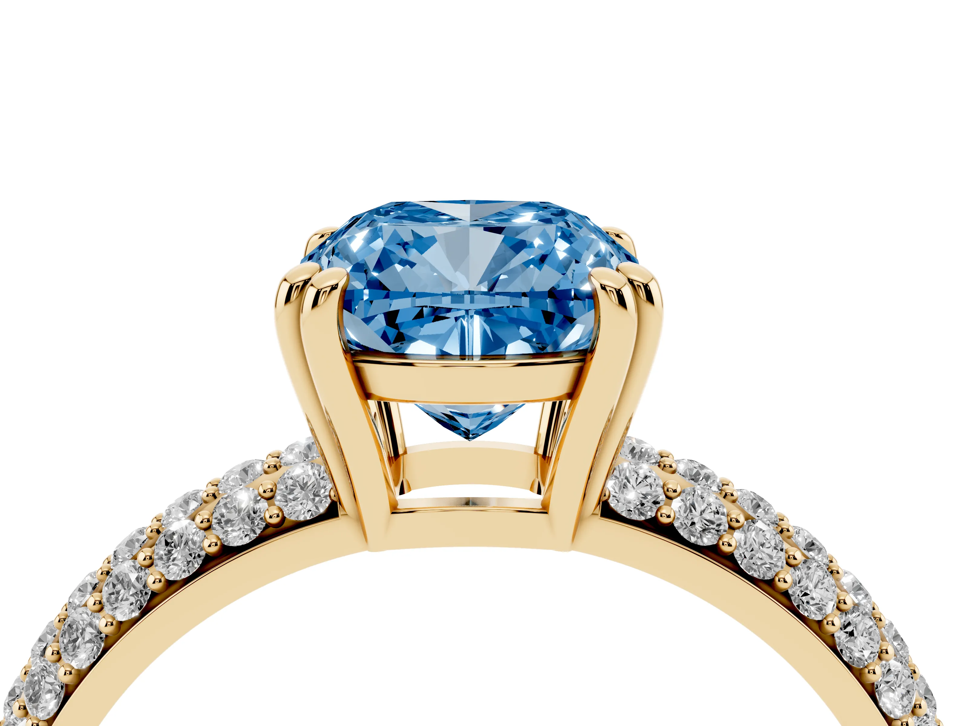 Fancy Blue Cushion Cut Diamond Solitaire Ring Set in Yellow gold with Multi-Row Round Pavé Band and Prong Setting