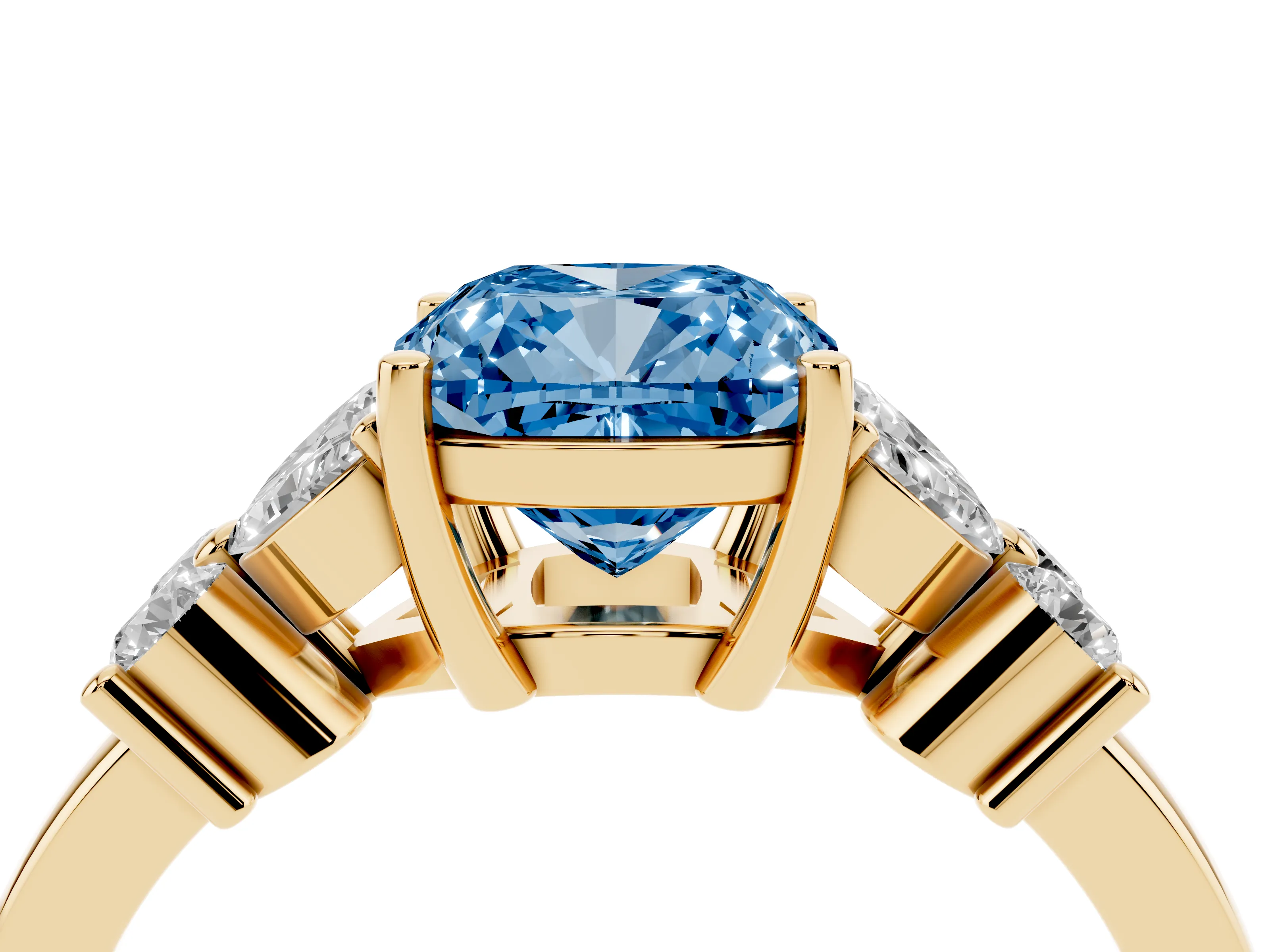 Fancy Blue Cushion Cut Diamond Floral Cluster Ring Set in Yellow gold with Marquise Petals and Prong Setting