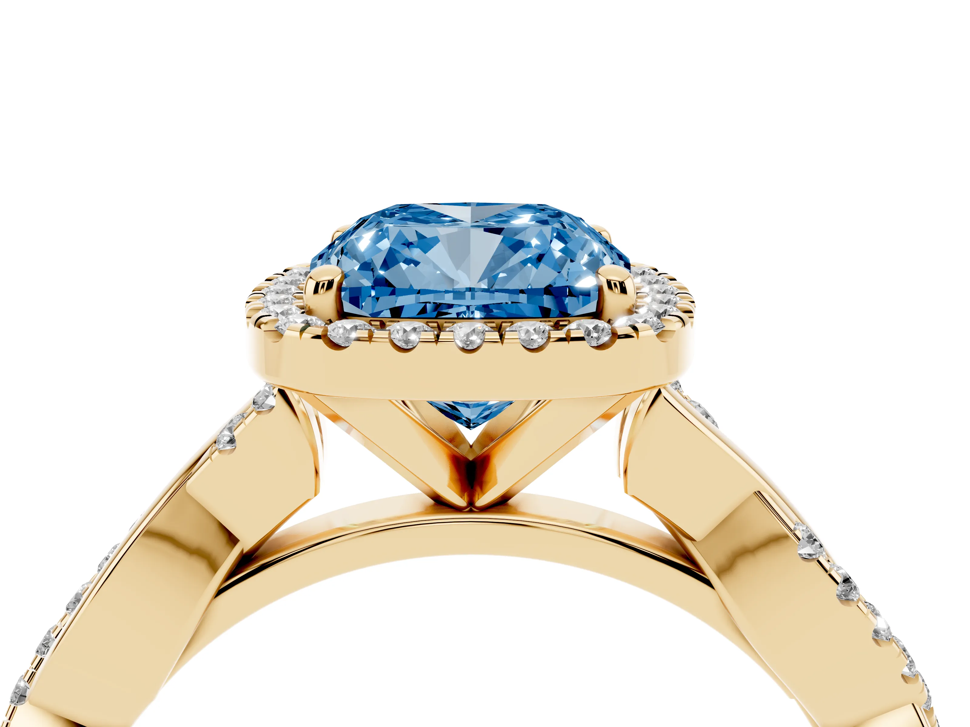 Fancy Blue Cushion Cut Diamond Halo Twisted Band Ring Set in Yellow gold with Prong Setting