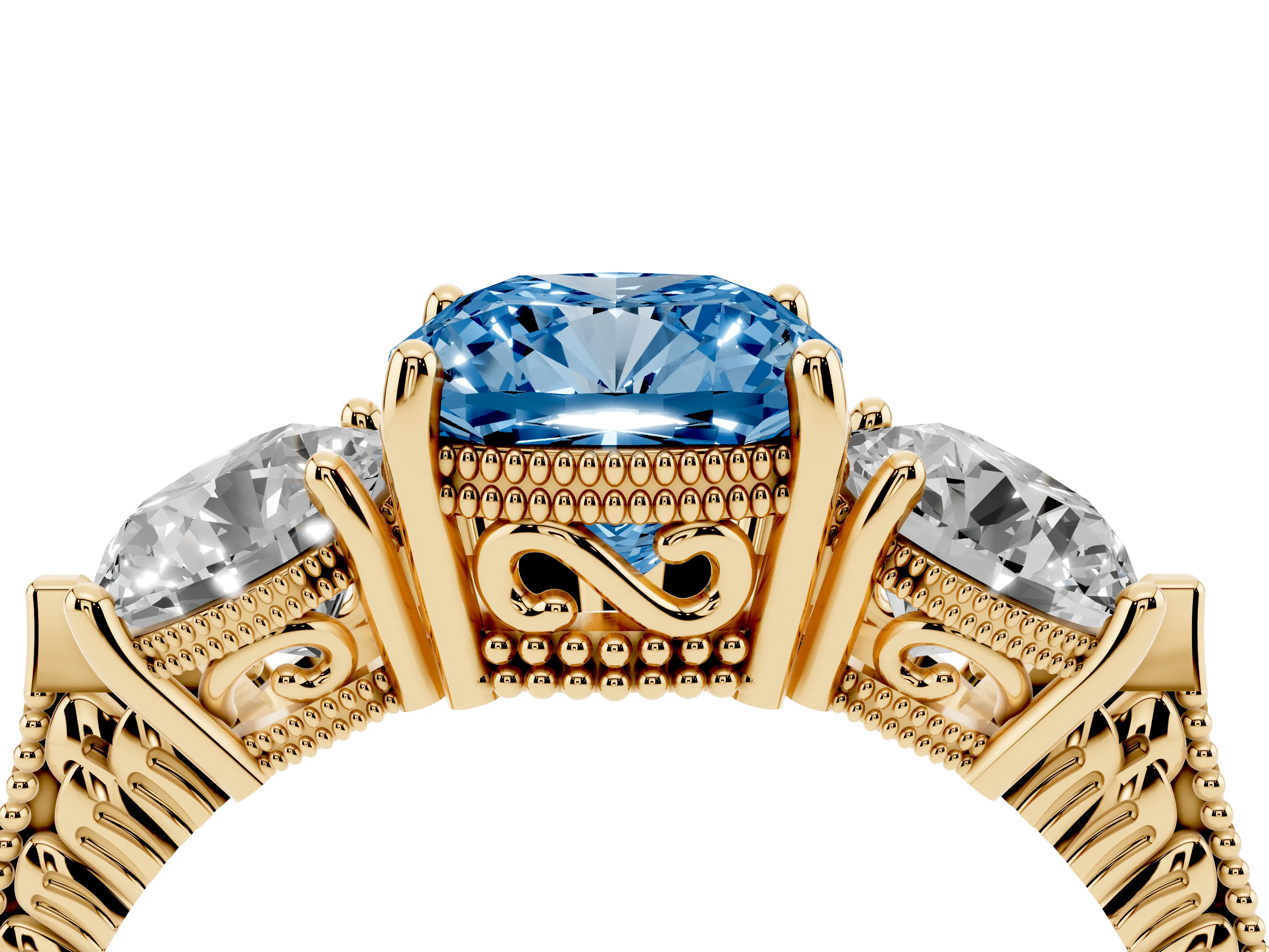 Fancy Blue Cushion Cut Diamond Three-Stone Ring Set in Yellow gold with Milgrain Band