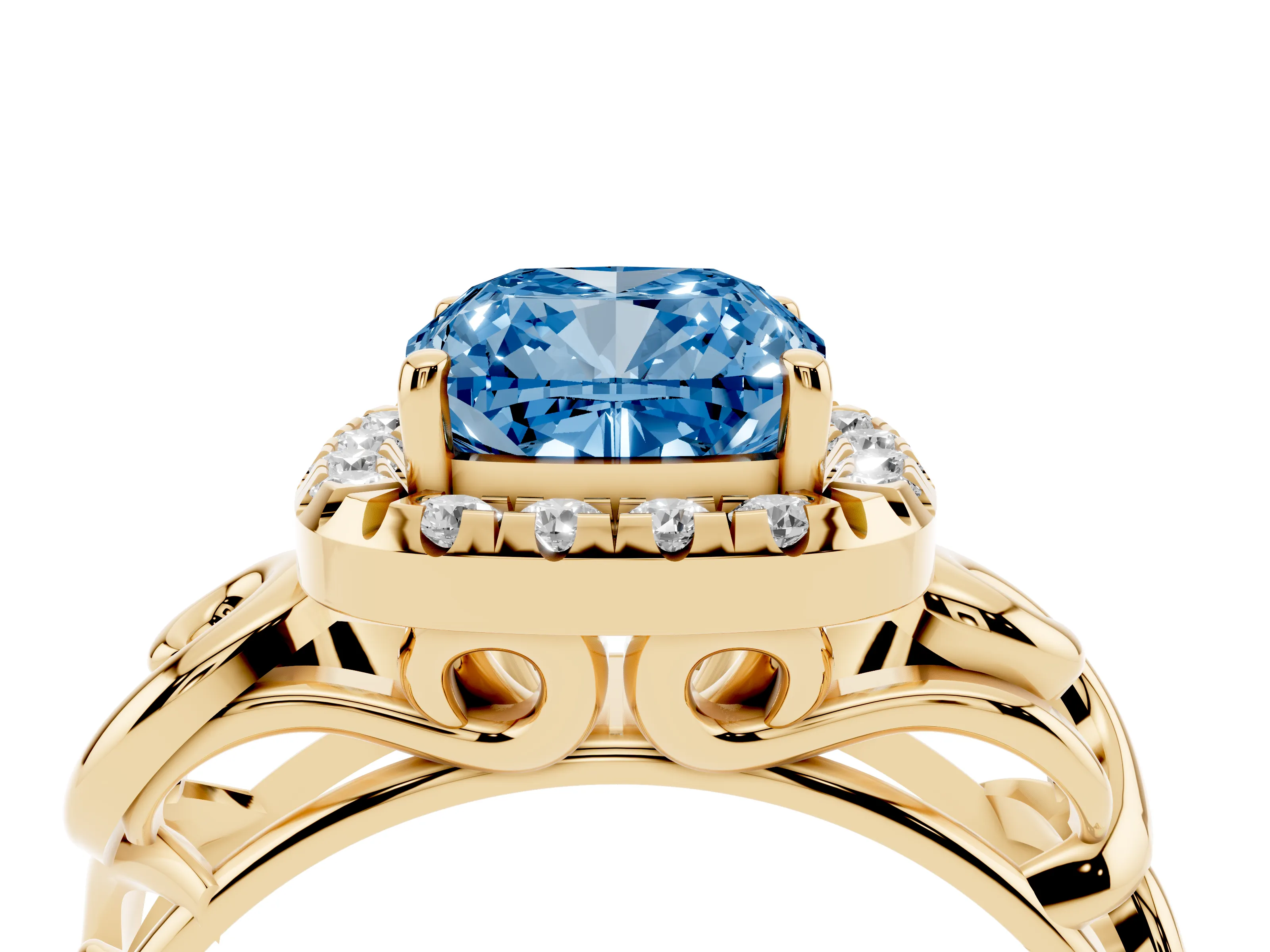 Fancy Blue Cushion Cut Diamond Halo Ring Set in Yellow gold with Scrollwork Band and Prong Setting