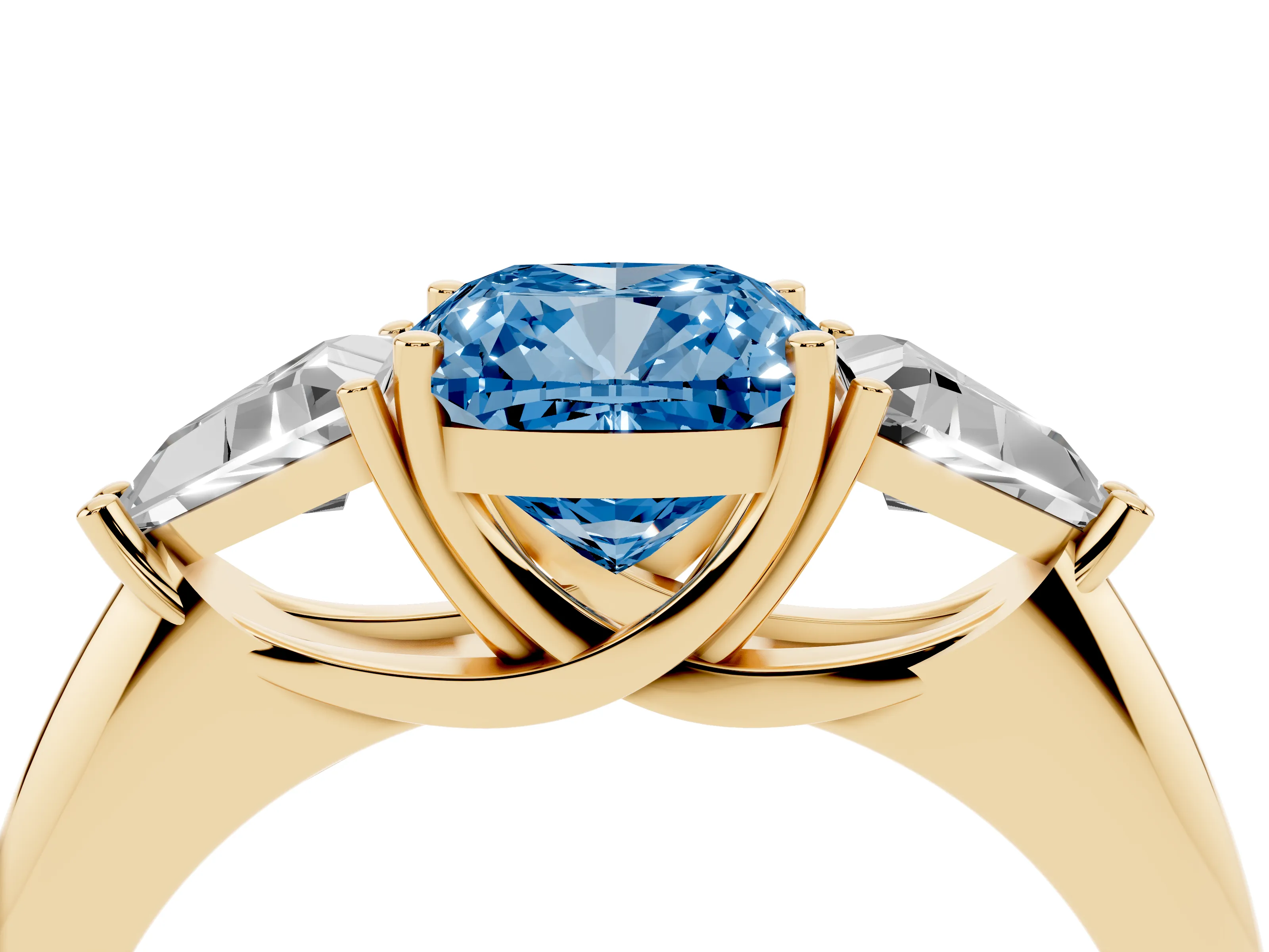 Fancy Blue Cushion Cut Diamond Three-Stone Engagement Ring Set in Yellow gold with Trillion Side Stones