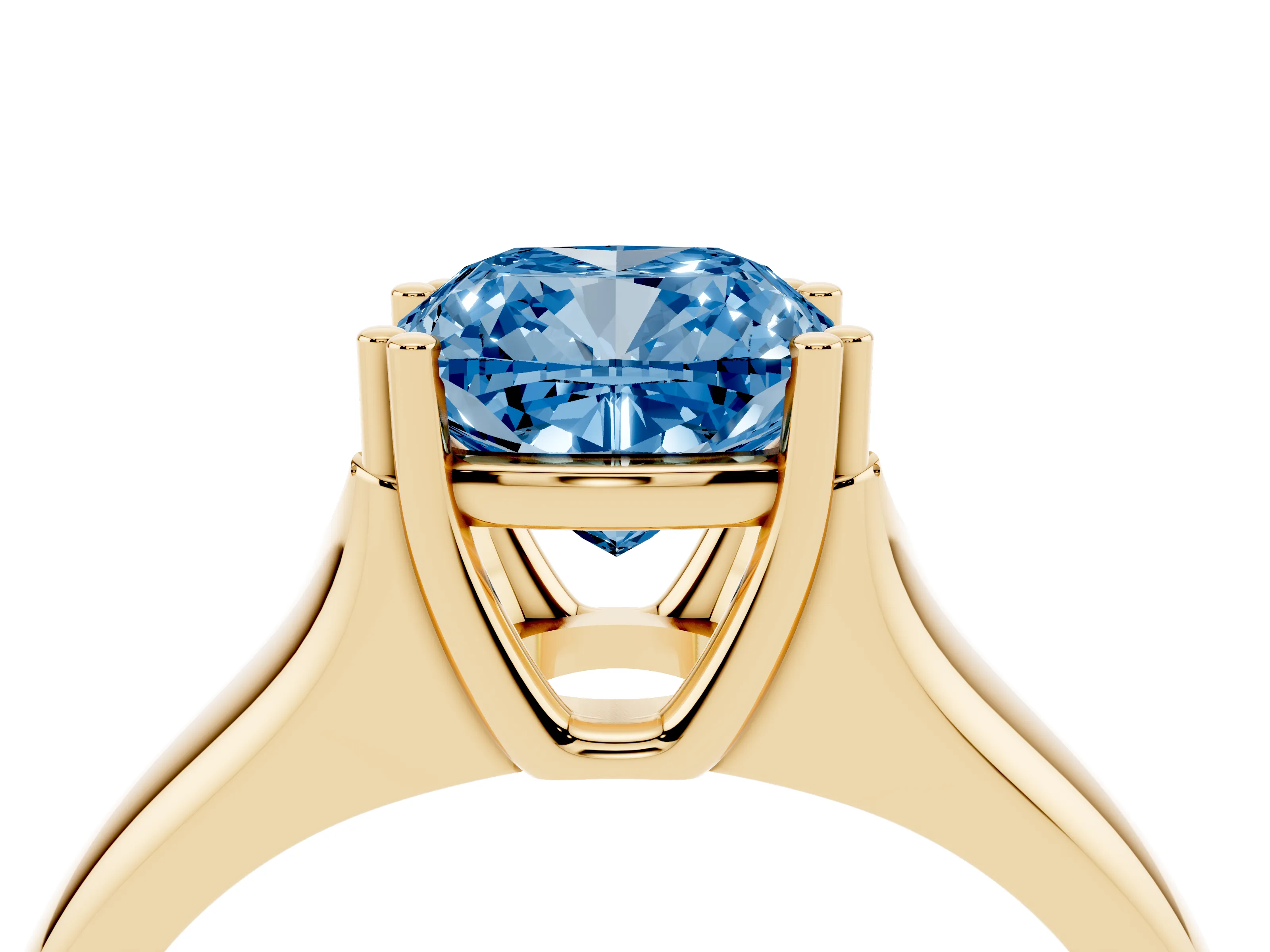 Fancy Blue Cushion Cut Diamond Solitaire Ring Set in Yellow gold with Wide Band and Prong Setting