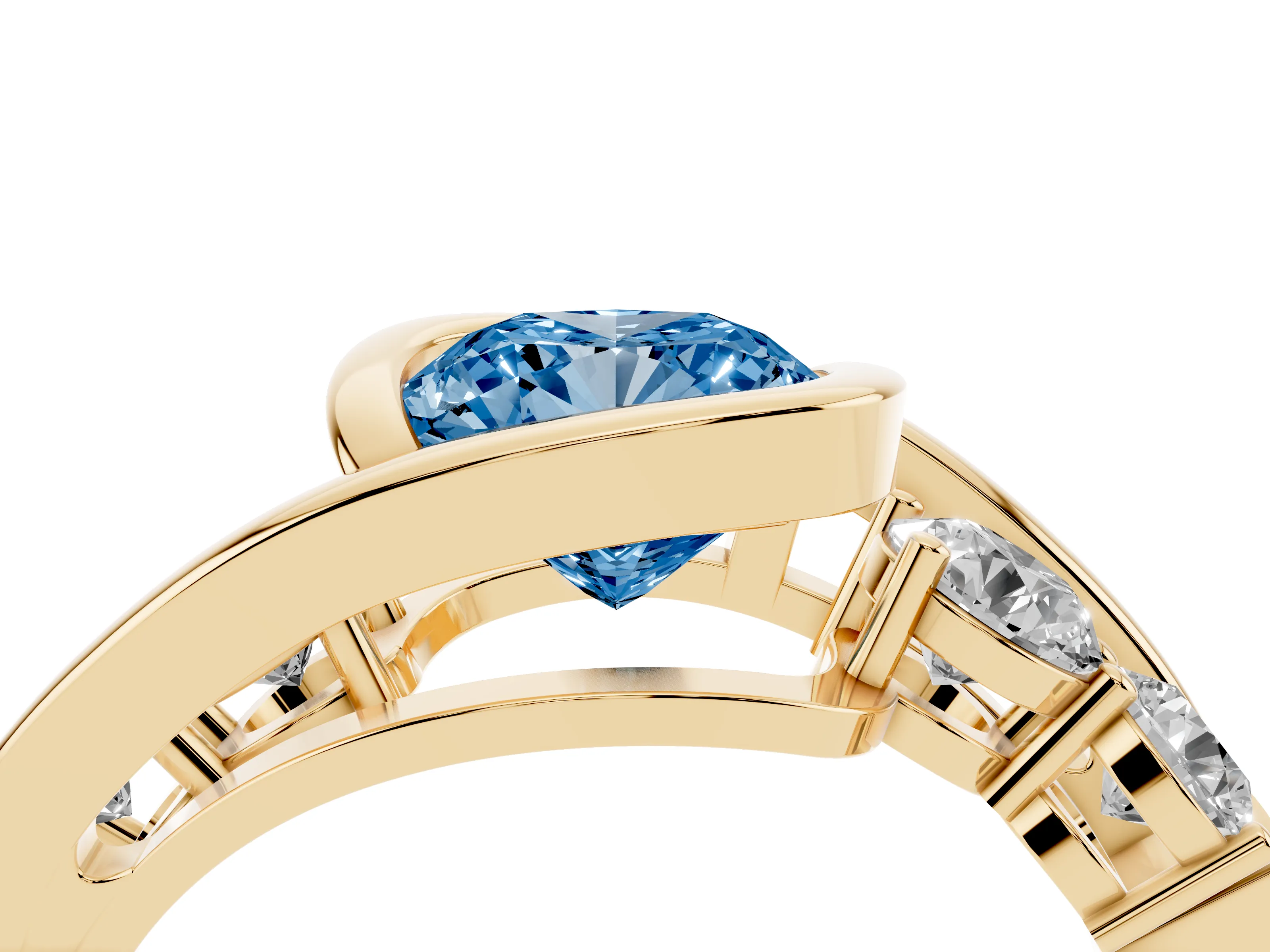 Fancy Blue Cushion Cut Diamond Bezel Bypass Ring Set in Yellow gold with Round Accents