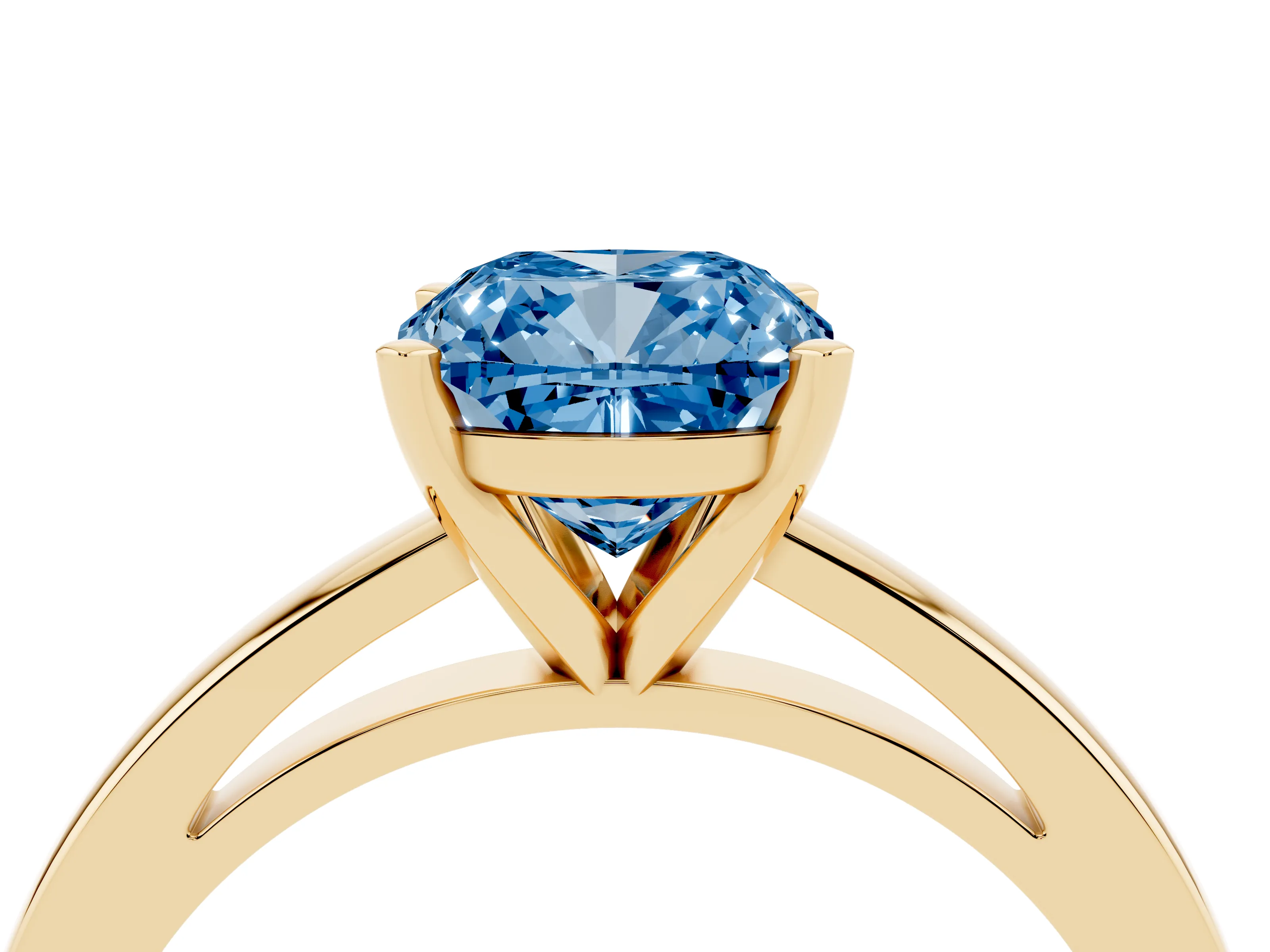 Fancy Blue Cushion Cut Diamond Solitaire Engagement Ring Set in Yellow gold with Prong Setting on a Classic Band
