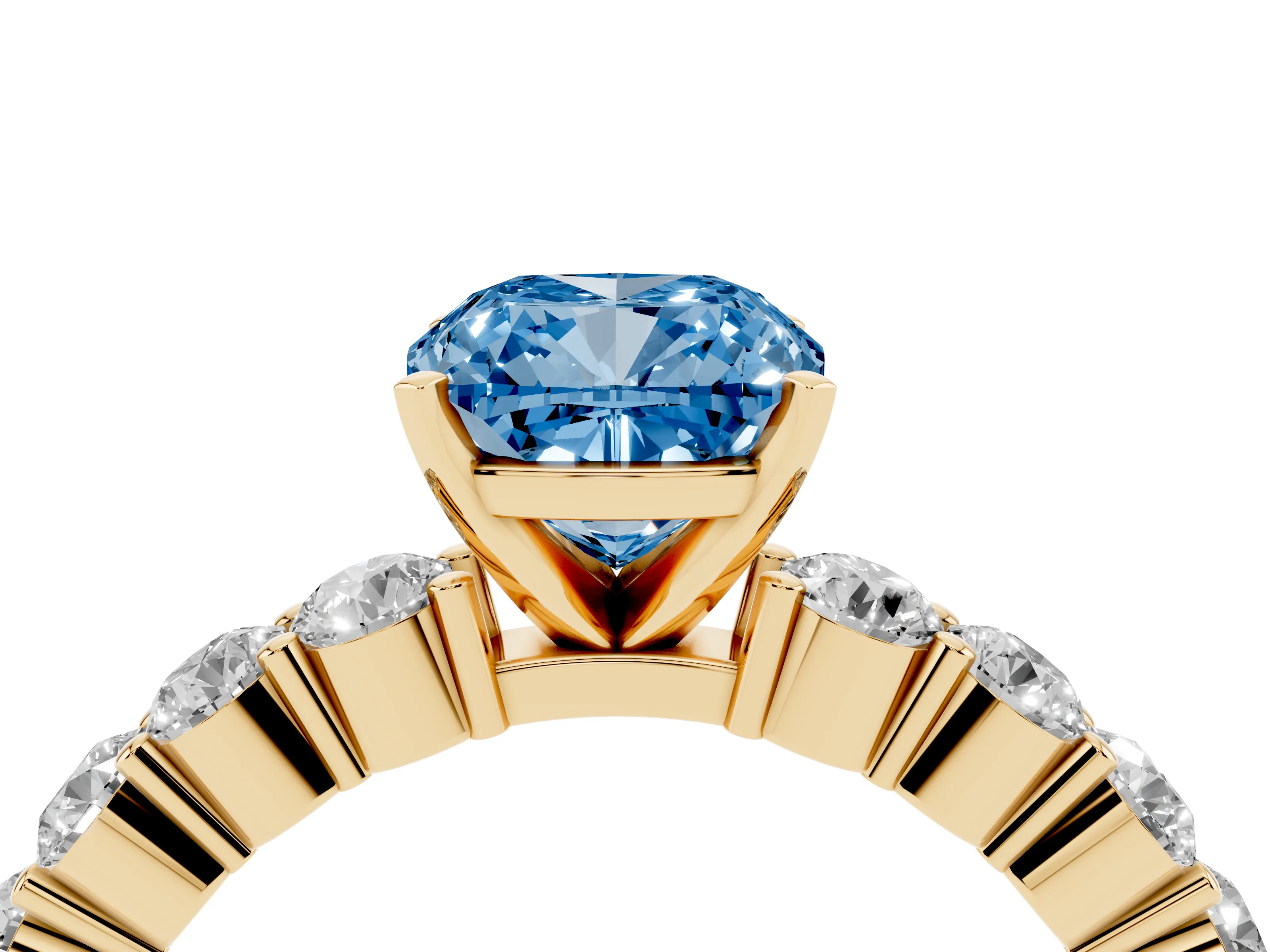 Fancy Blue Cushion Cut Diamond Solitaire Ring Set in Yellow gold with Shared Prong Round Side Stones