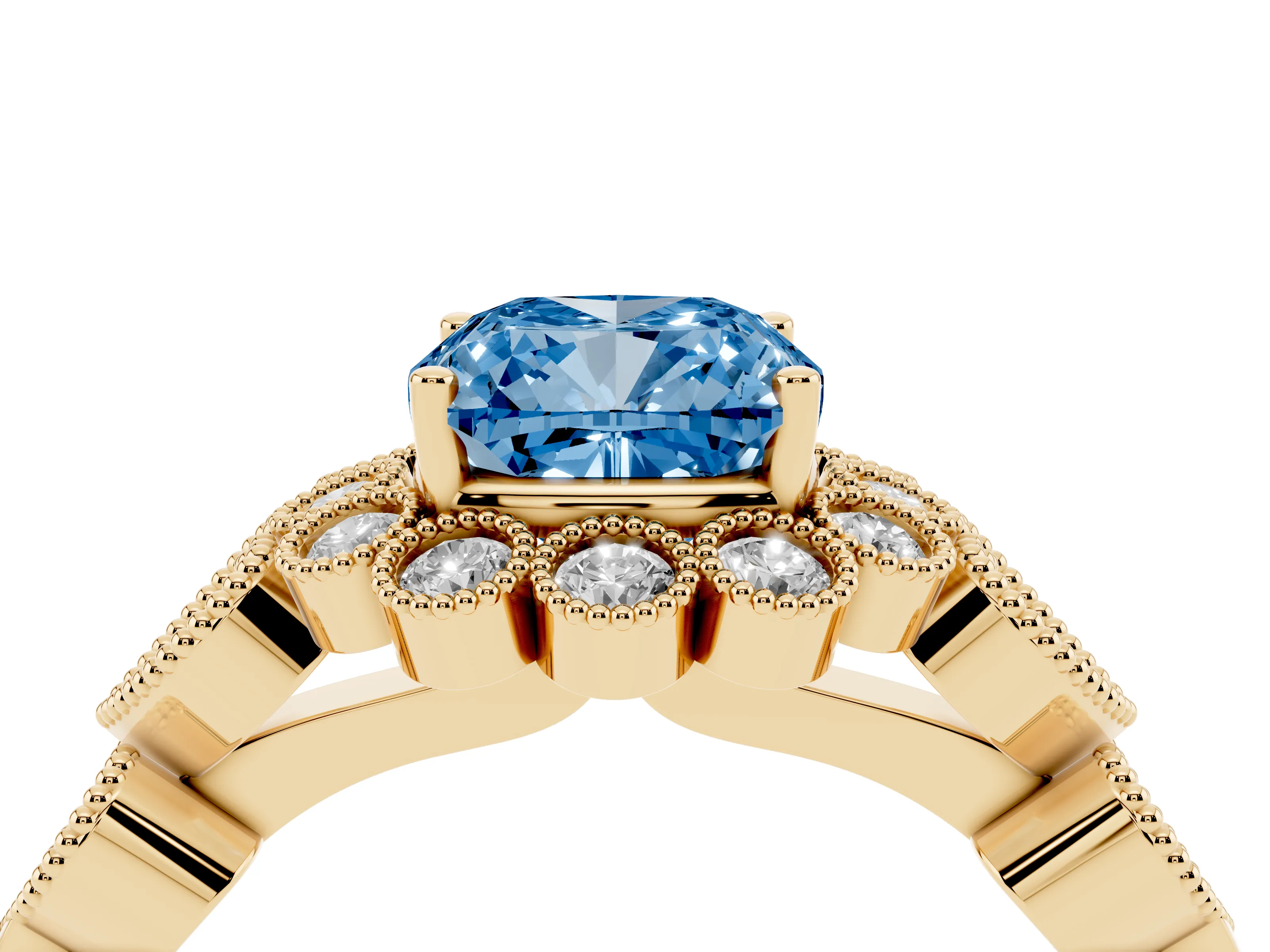 Fancy Blue Cushion Cut Diamond Solitaire Ring Set in Yellow gold with Milgrain Pavé Heart Band