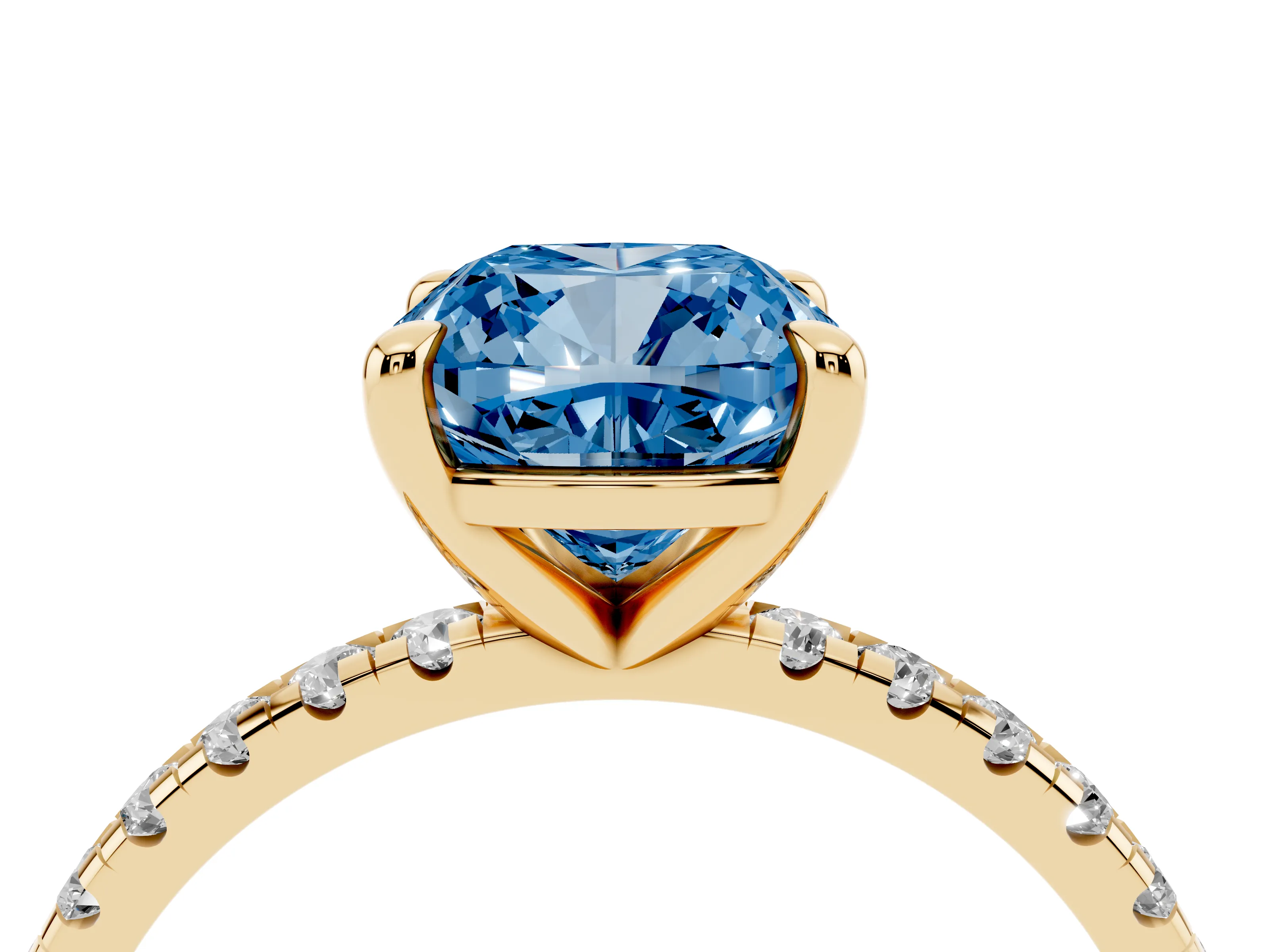 Fancy Blue Cushion Cut Diamond Brilliant Solitaire Ring Set in Yellow gold with Pavé Band and Prong Setting