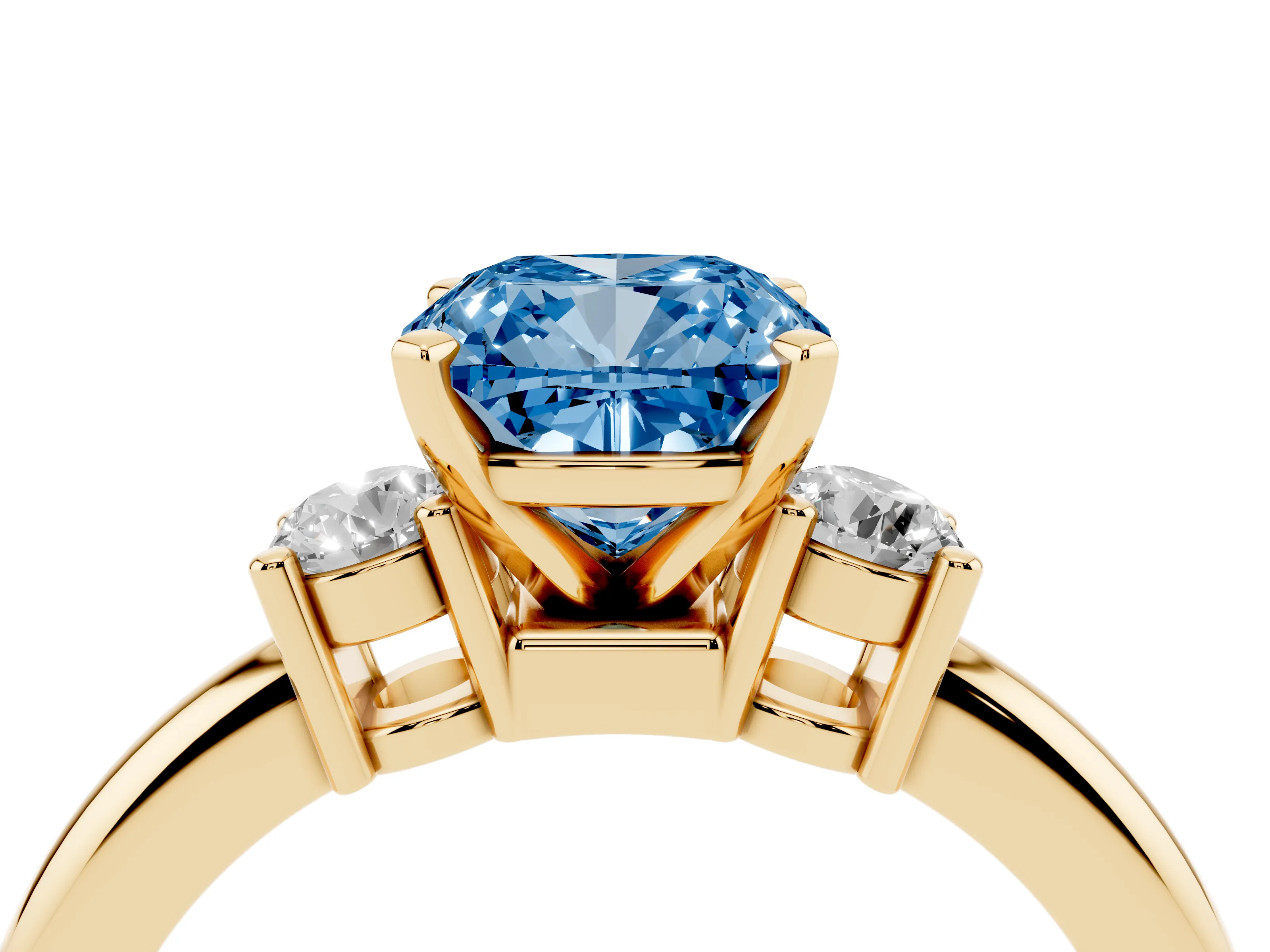 Fancy Blue Three-Stone Cushion Cut Diamond Ring Set in Yellow gold with Prong Setting and Plain Band