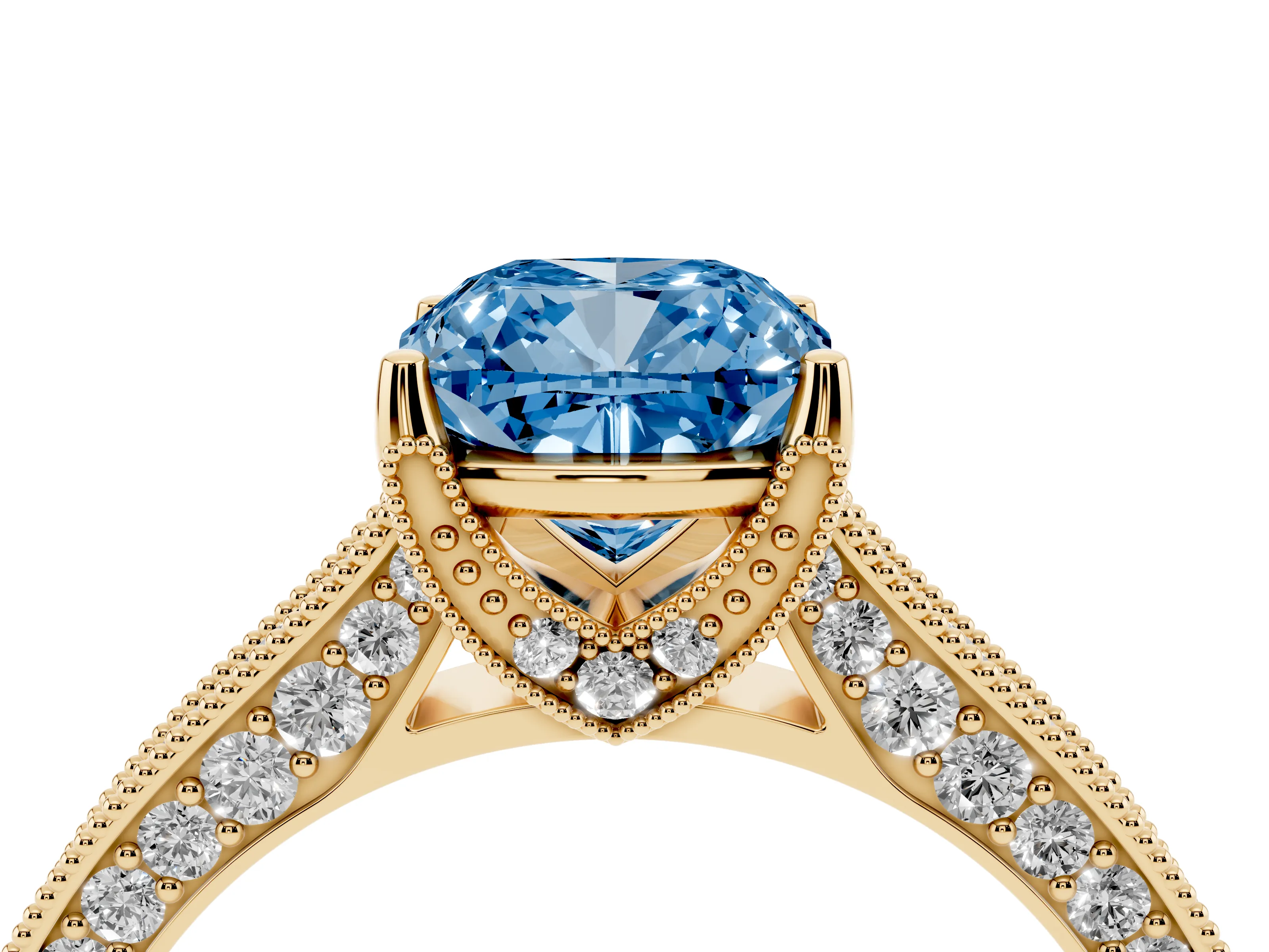 Fancy Blue Cushion Cut Diamond Solitaire Ring Set in Yellow gold with Milgrain-Edged Pavé Band and Prong Setting