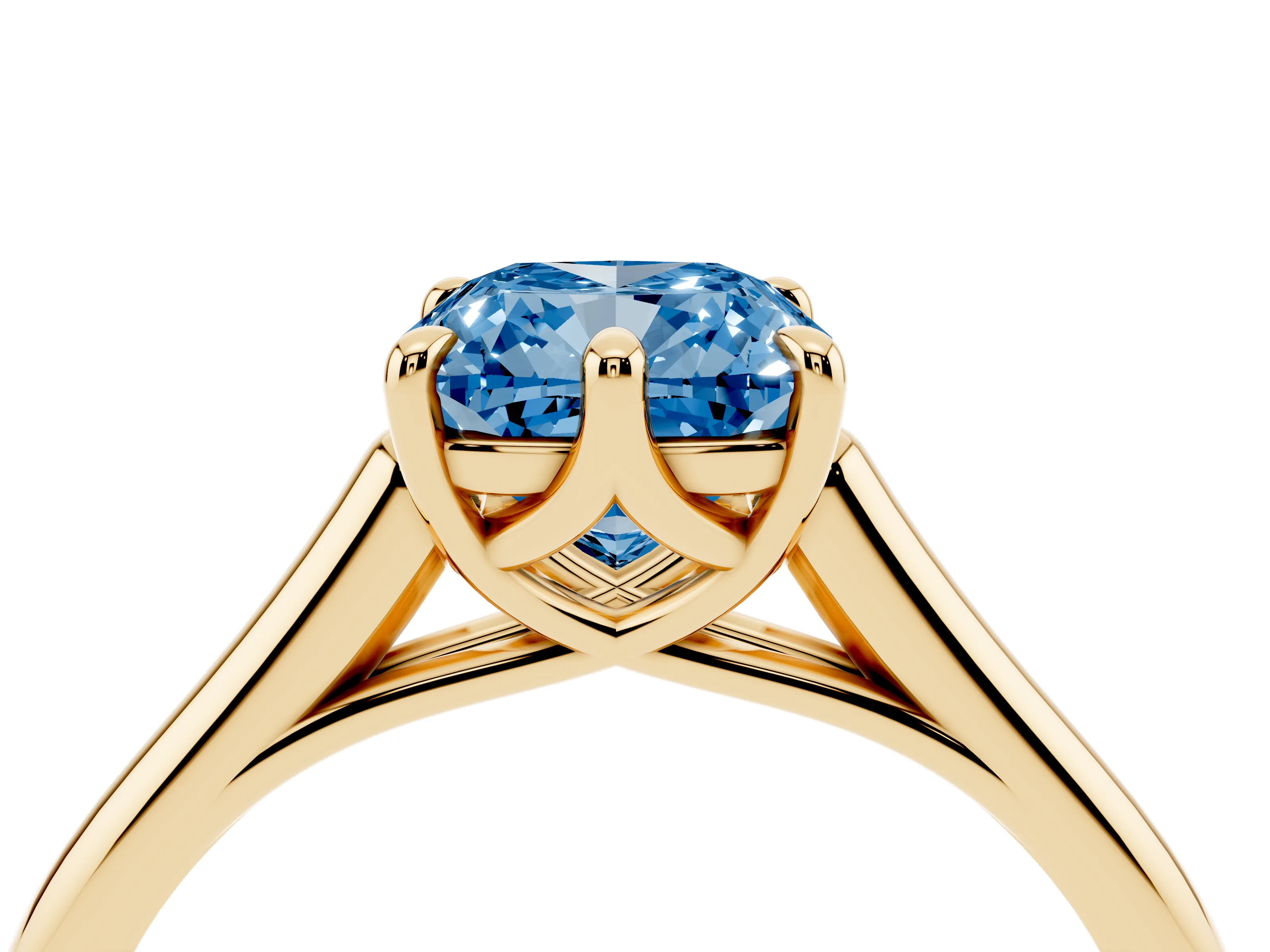 Fancy Blue Cushion Cut Diamond Solitaire Engagement Ring Set in Yellow gold with Prong Setting and Plain Classic Band