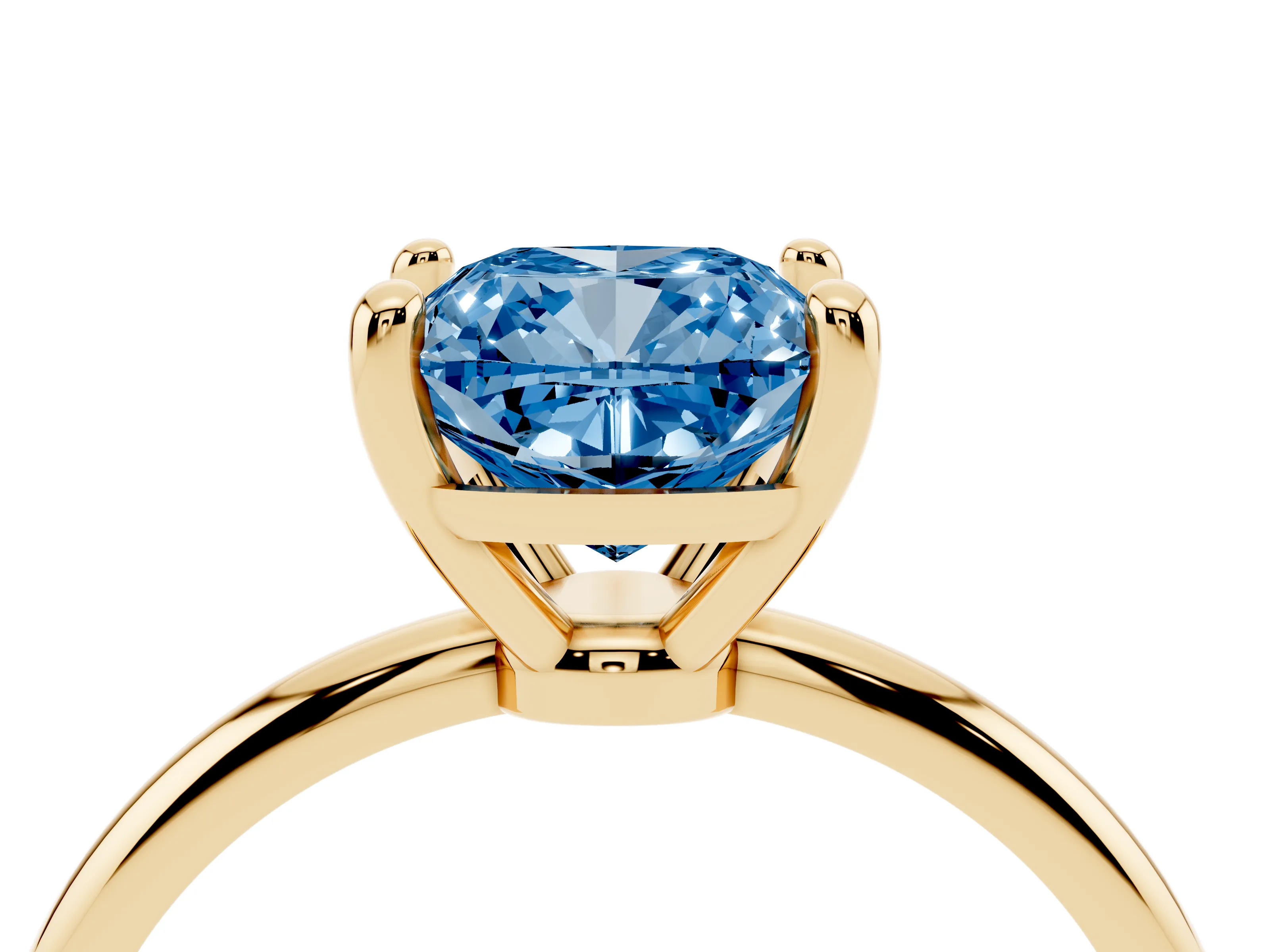 Fancy Blue Cushion Cut Diamond Solitaire Ring Set in Yellow gold with Secure Prong Setting on a Classic Band