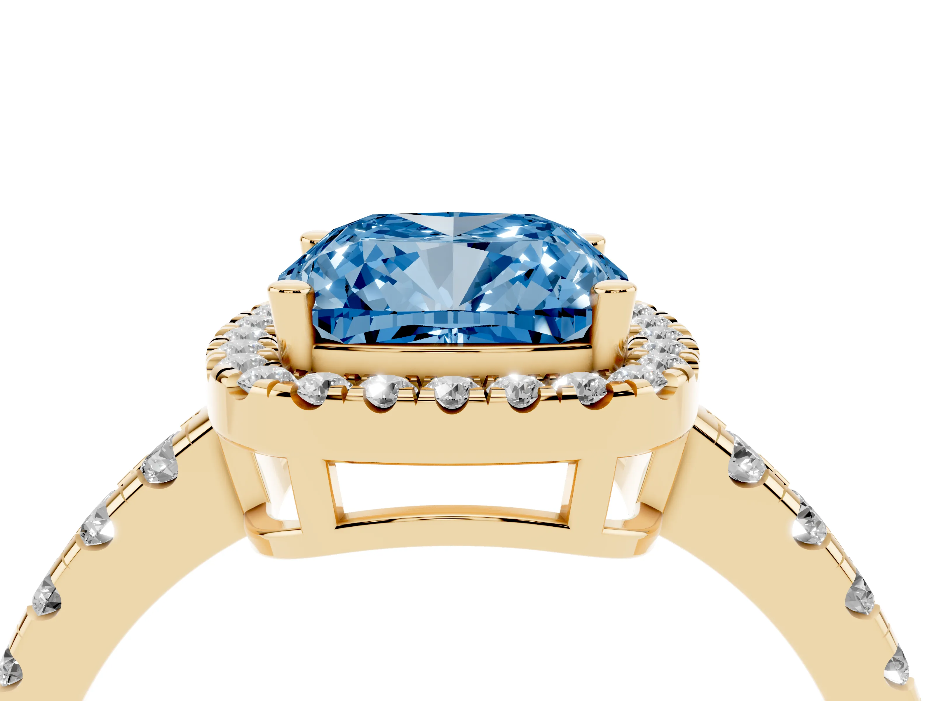 Fancy Blue Cushion Cut Diamond Halo Ring Set in Yellow gold with Delicate Pavé Band and Prong Setting