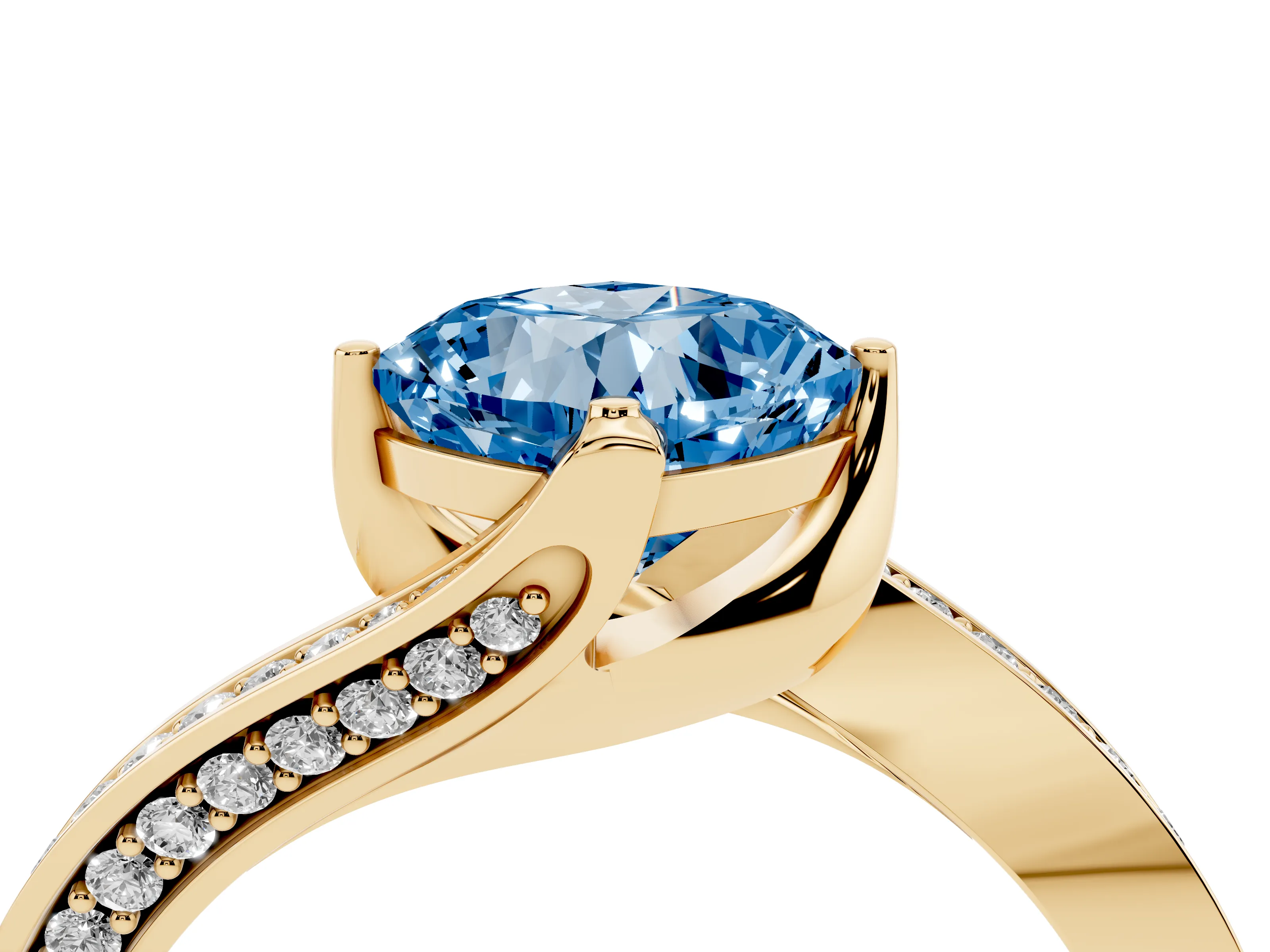 Fancy Blue Cushion Cut Diamond Solitaire Ring Set in Yellow gold with Intertwined Pavé Twist Band