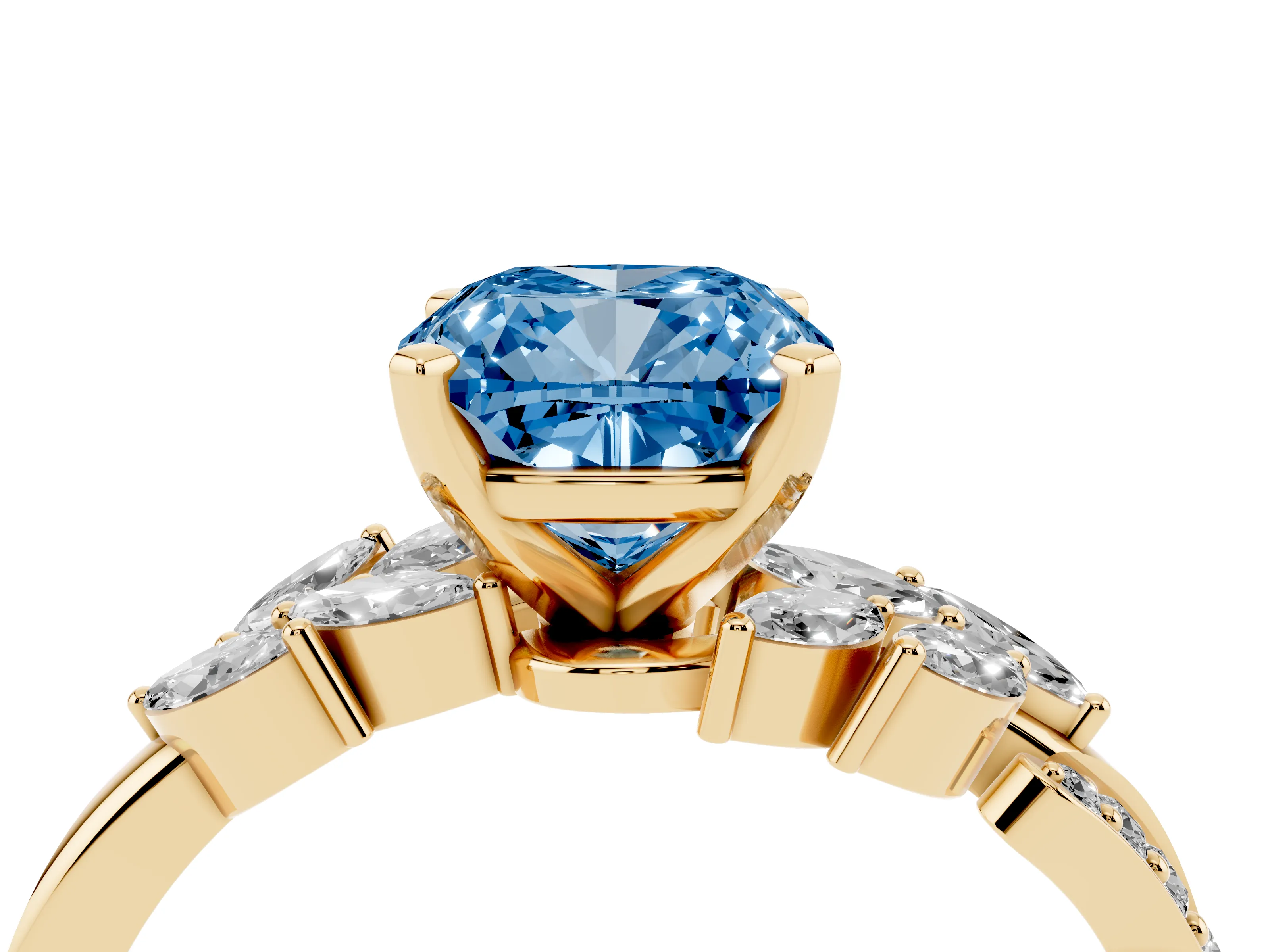 Fancy Blue Cushion Cut Diamond Solitaire Ring Set in Yellow gold with Marquise Twist Band and Prong Setting