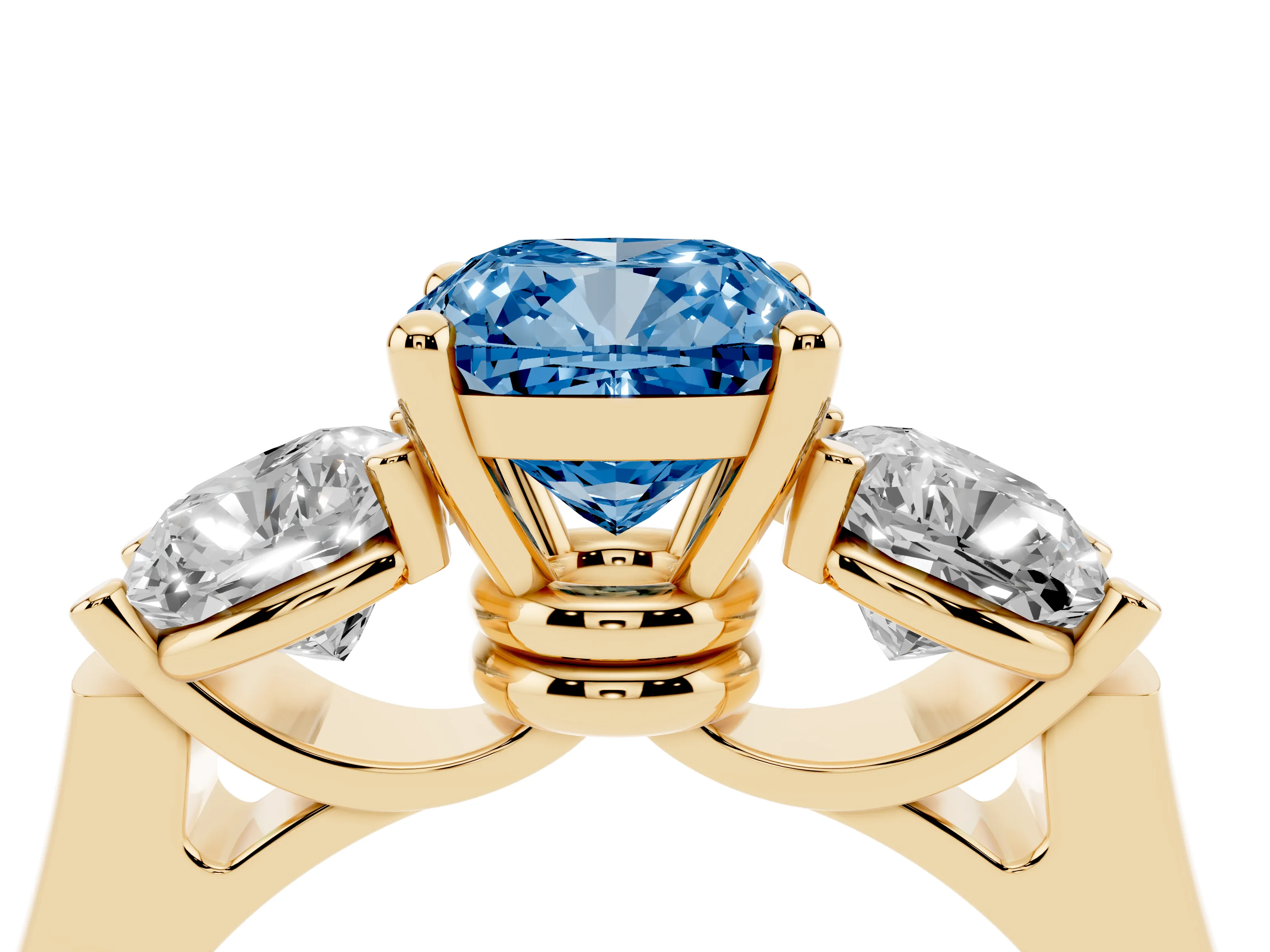 Fancy Blue Cushion Cut Diamond Three-Stone Trellis Ring Set in Yellow gold with Comfort Fit Band