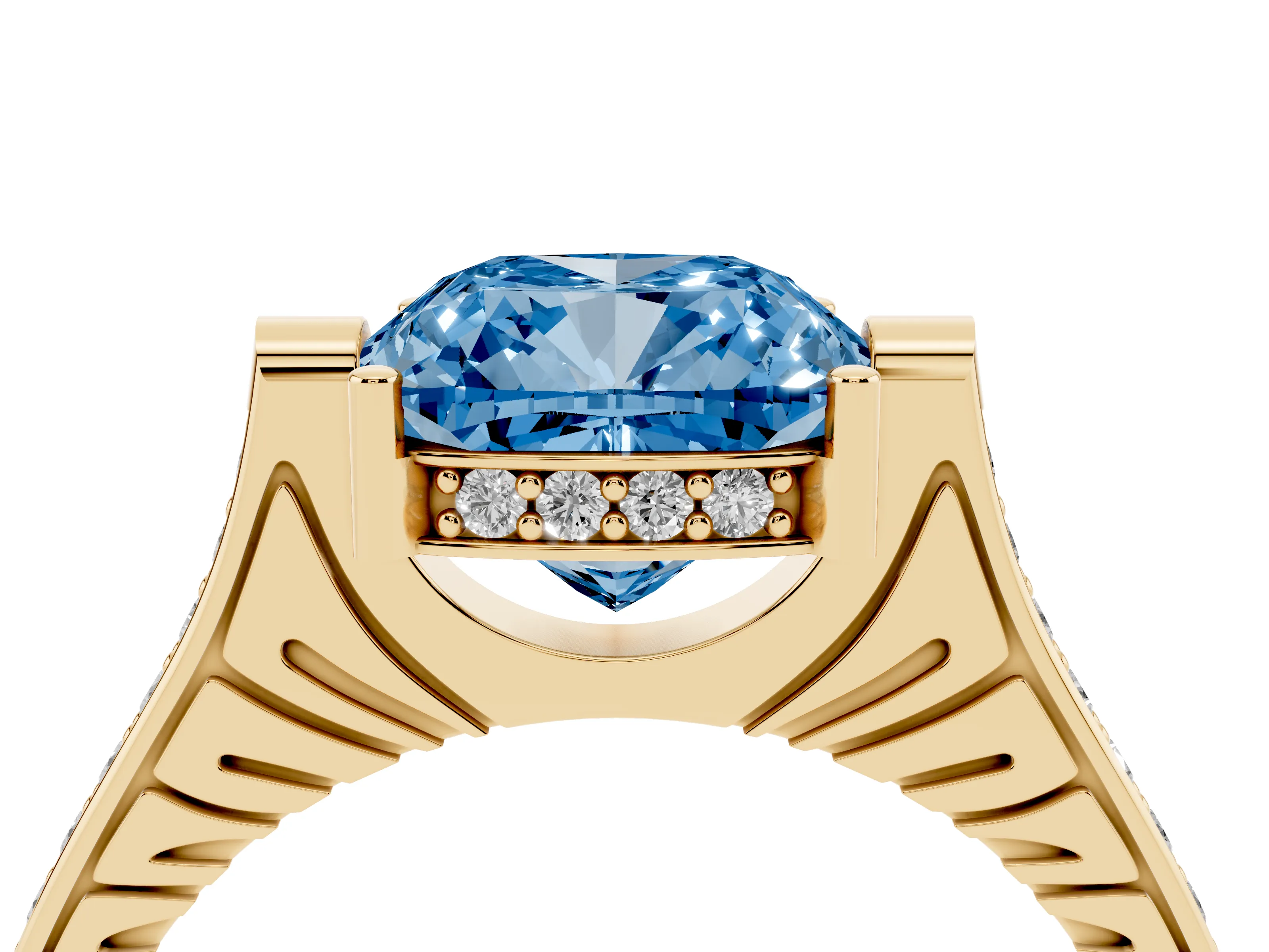 Fancy Blue Cushion Cut Diamond Solitaire Ring Set in Yellow gold with Channel Set Band and Bezel Prong Setting