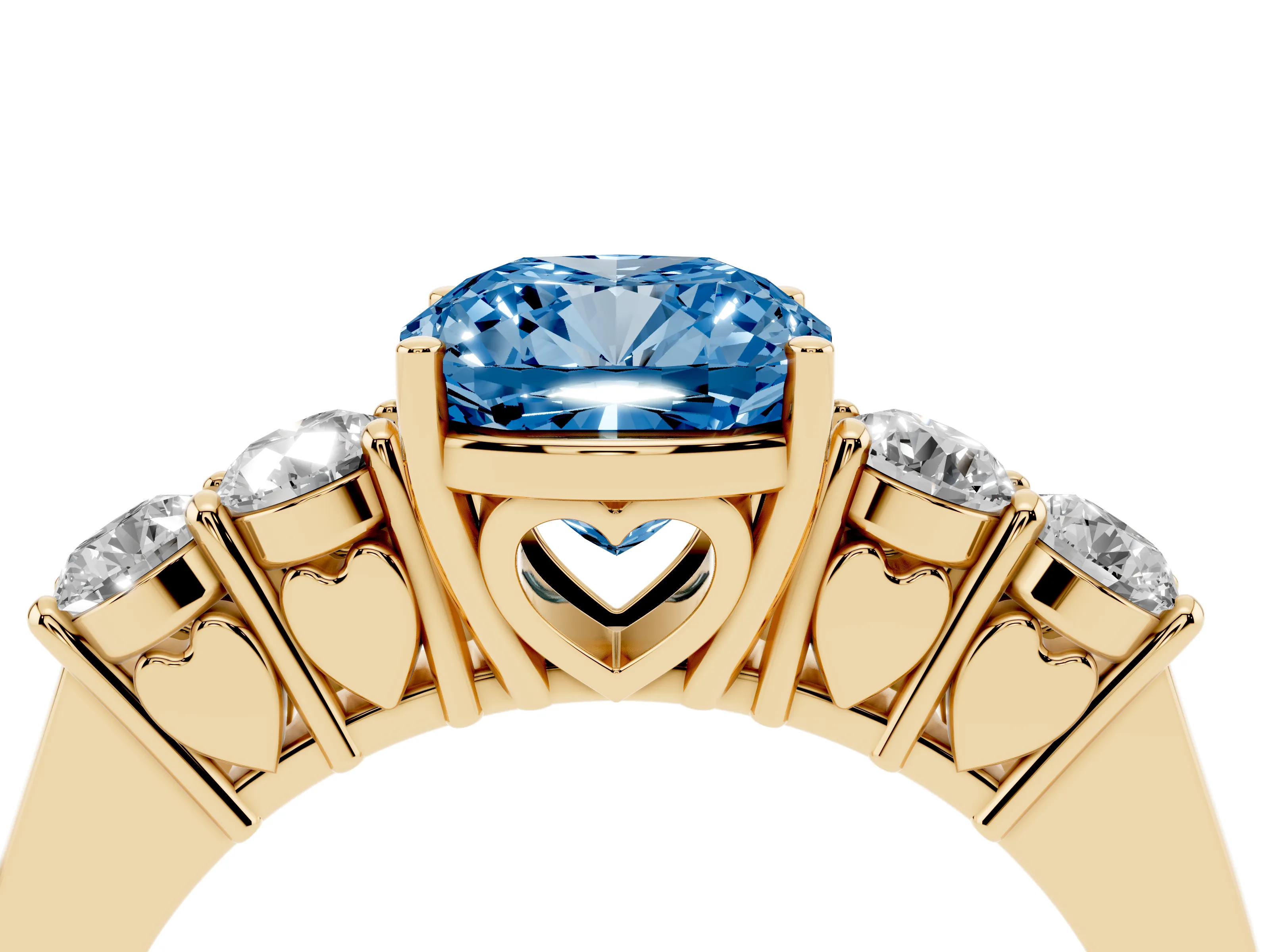 Fancy Blue Cushion Cut Diamond Five-Stone Prong Set Band Ring Set in Yellow gold with Polished Band
