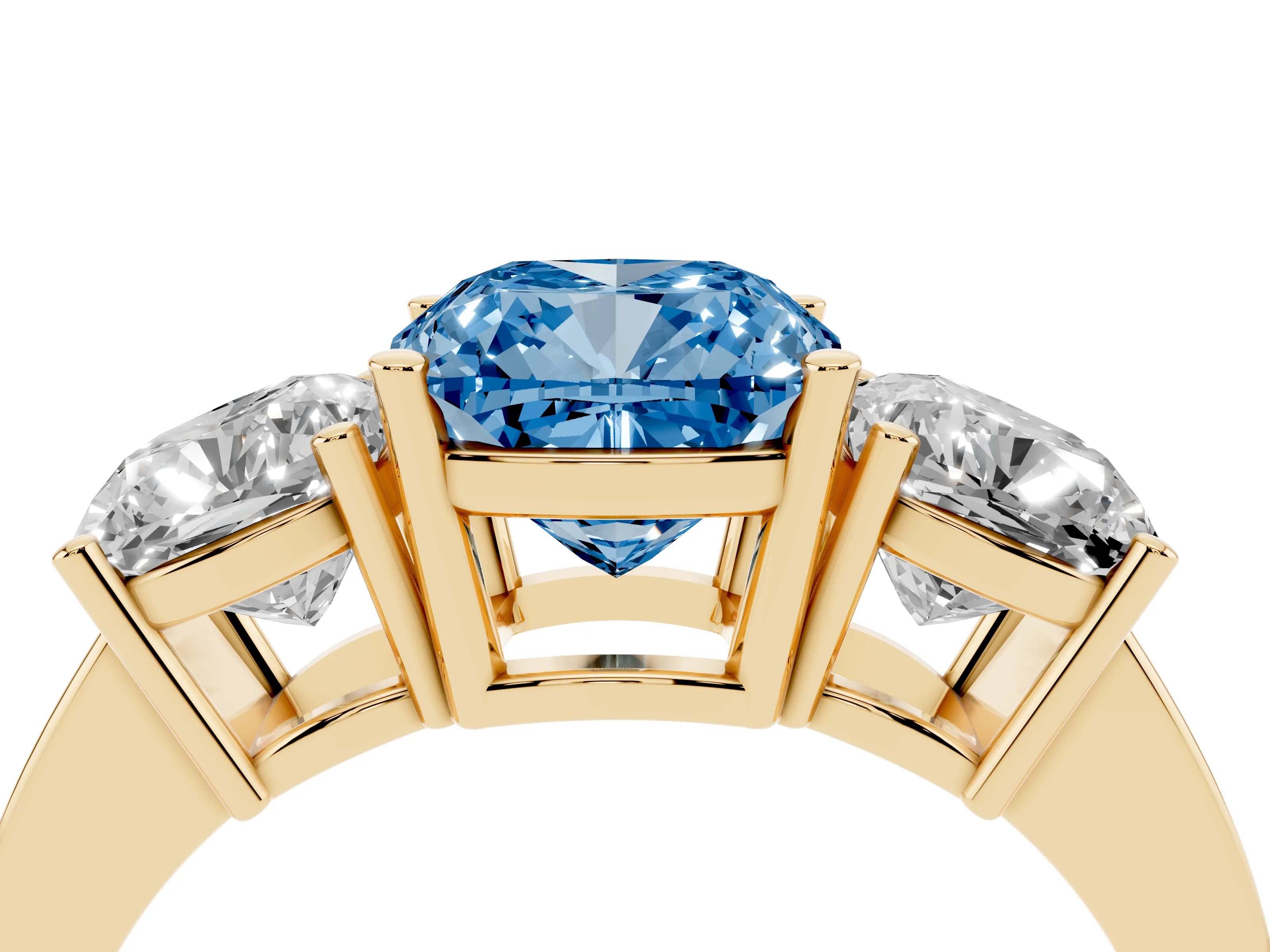Fancy Blue Cushion Cut Diamond Three-Stone Engagement Ring Set in Yellow gold with Flat Band