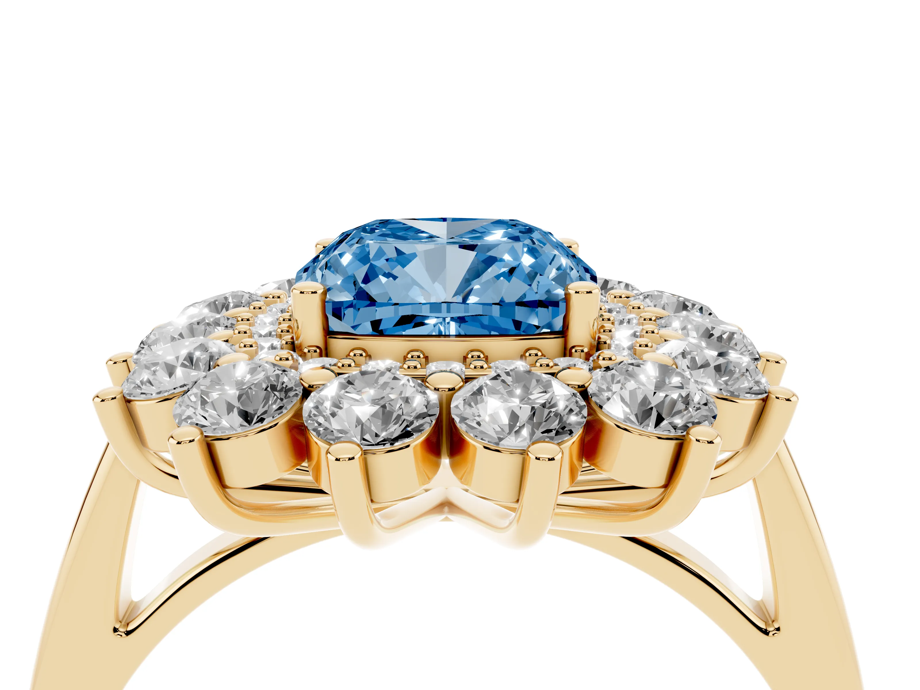 Fancy Blue Cushion Cut Diamond Floral Double Halo Ring Set in Yellow gold with Round Petals