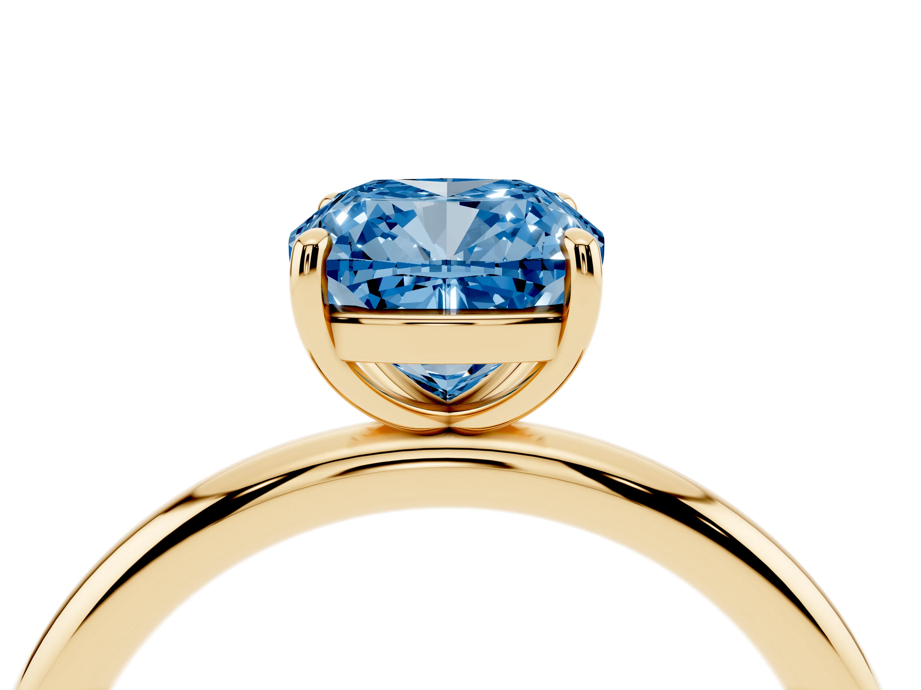 Fancy Blue Cushion Cut Diamond Solitaire Ring Set in Yellow gold with Prong Setting on a Polished Plain Band
