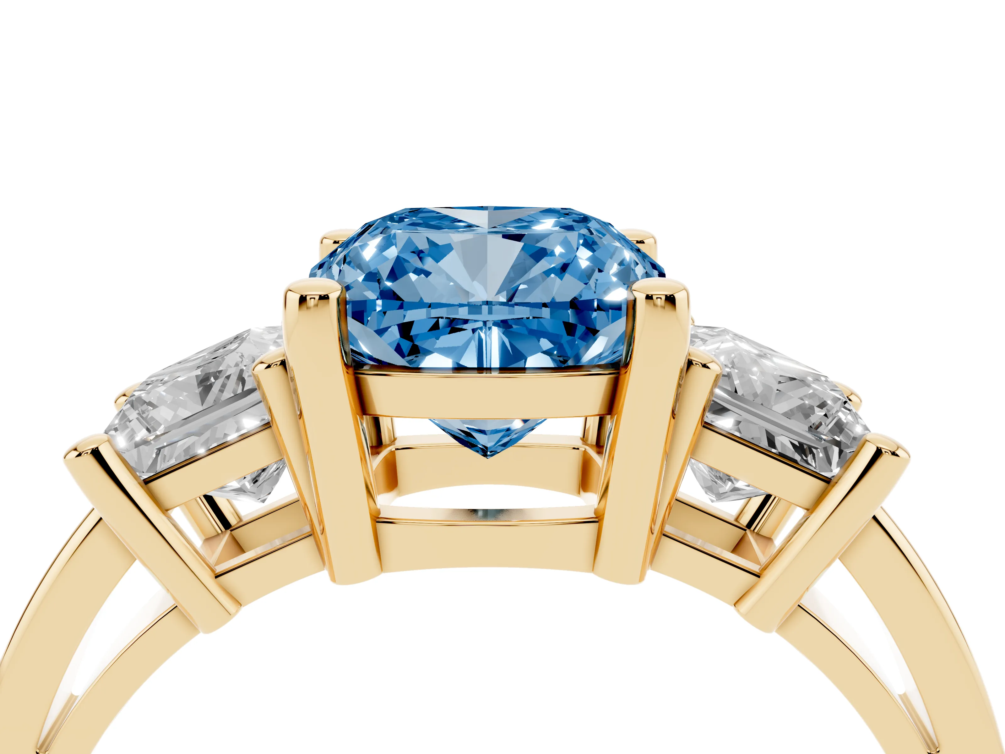 Fancy Blue Three-Stone Cushion Cut Diamond Solitaire Ring Set in Yellow gold with Prong Setting