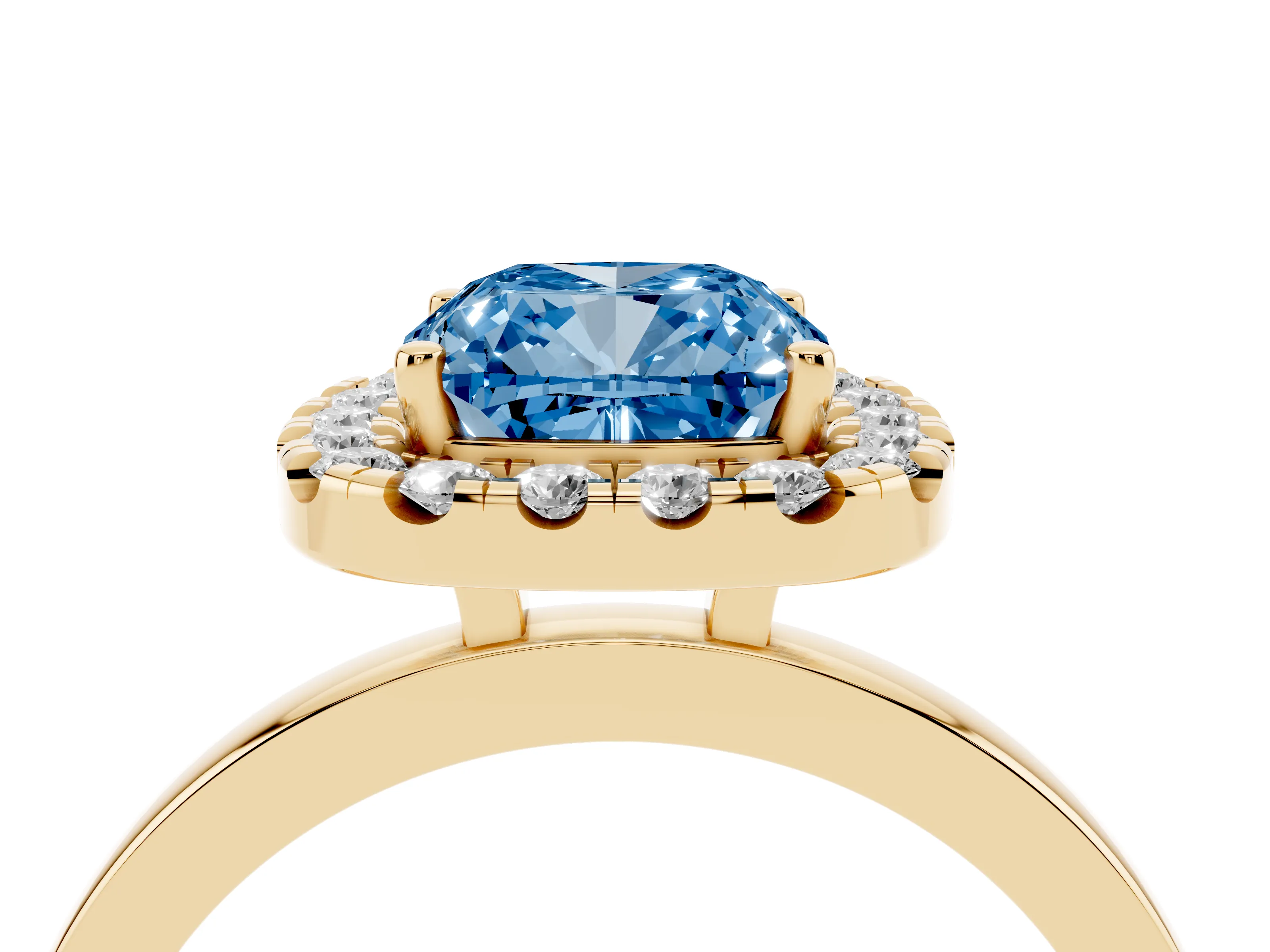 Fancy Blue Cushion Cut Diamond Halo Solitaire Ring Set in Yellow gold with Pavé Band and Prong Setting