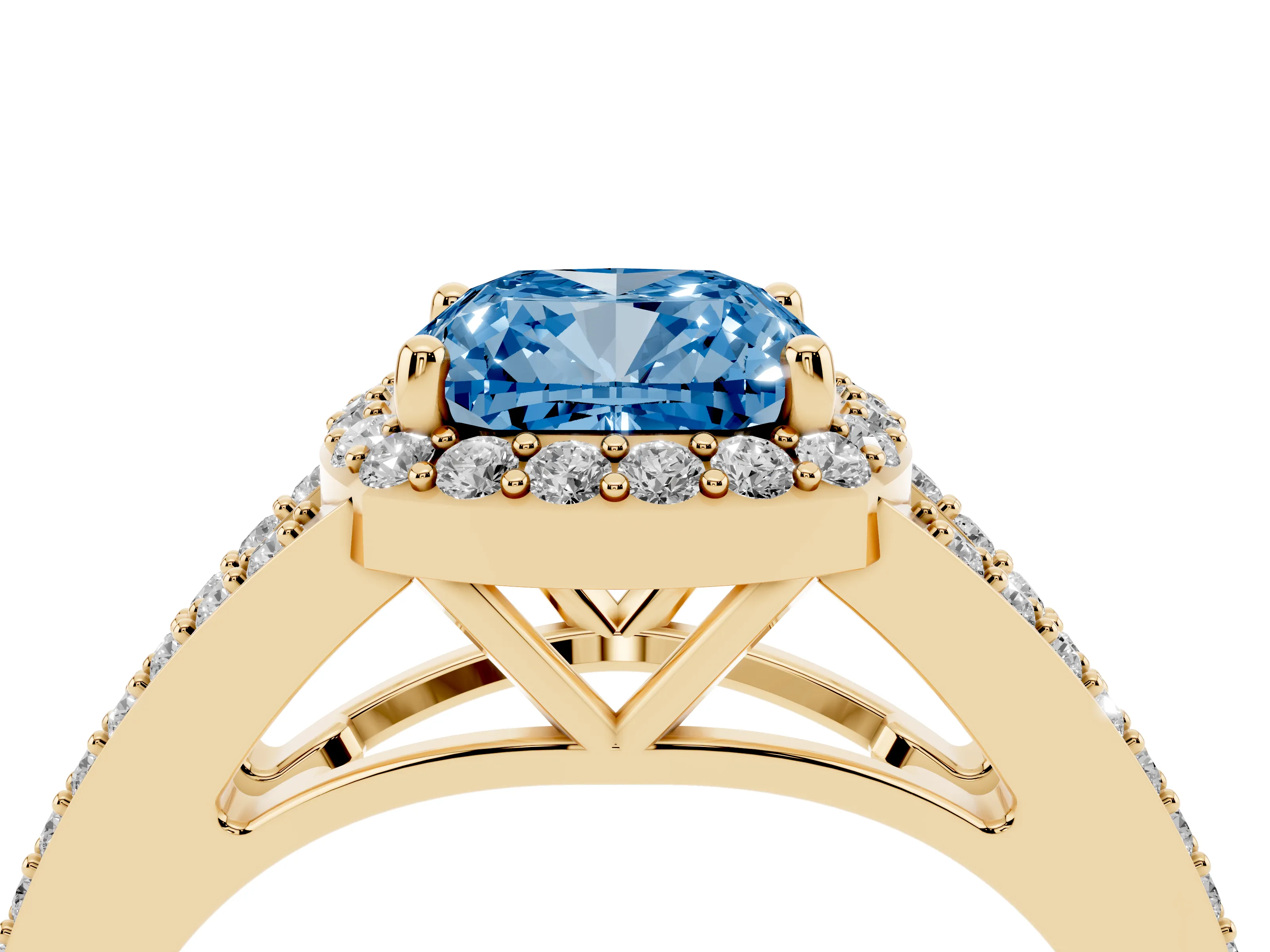 Fancy Blue Cushion Cut Diamond Halo Split Shank Ring Set in Yellow gold with Accent Stones and Prong Setting