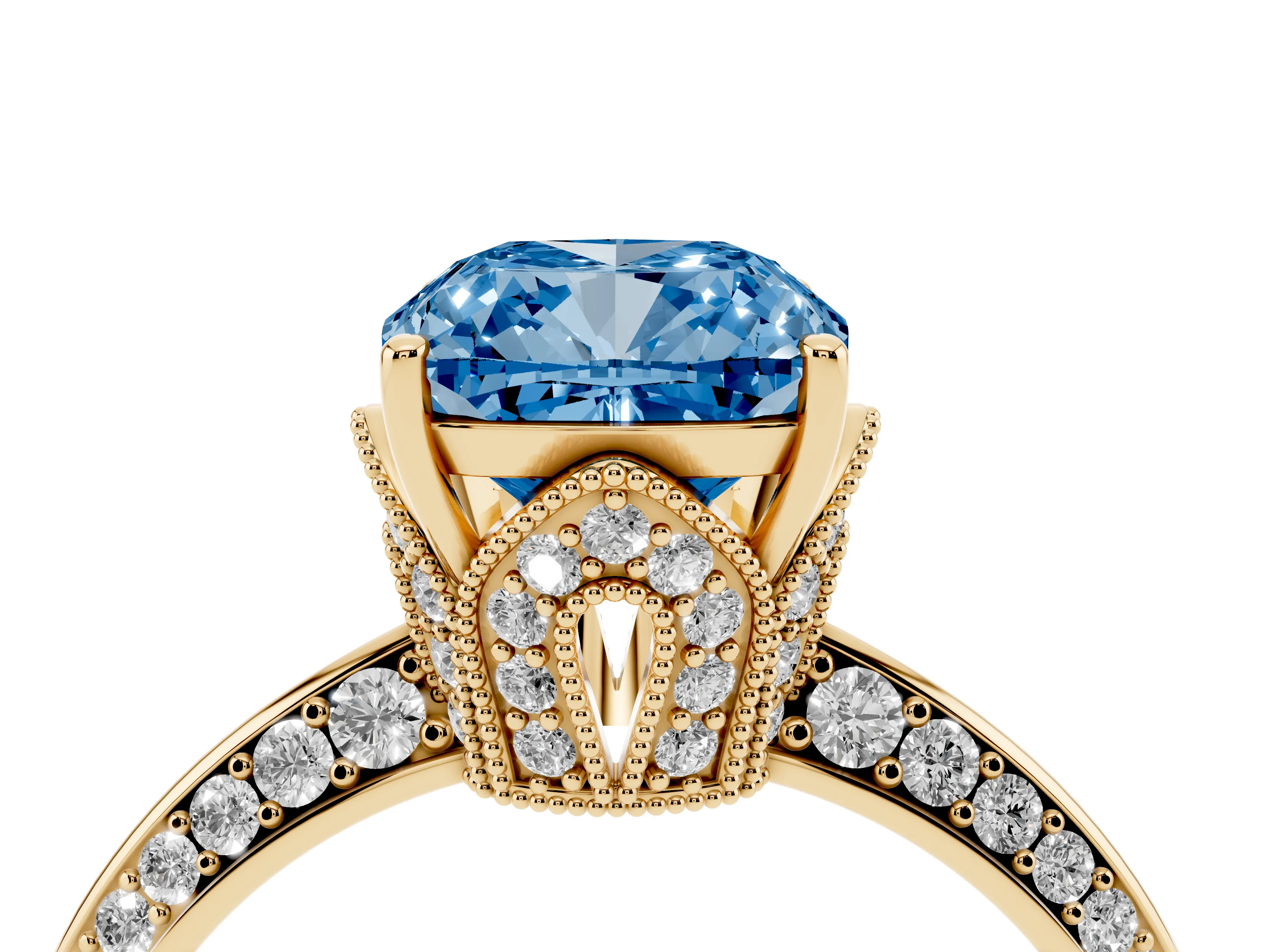 Fancy Blue Cushion Cut Diamond Solitaire Engagement Ring Set in Yellow gold with Pavé Split Shank and Prong Setting