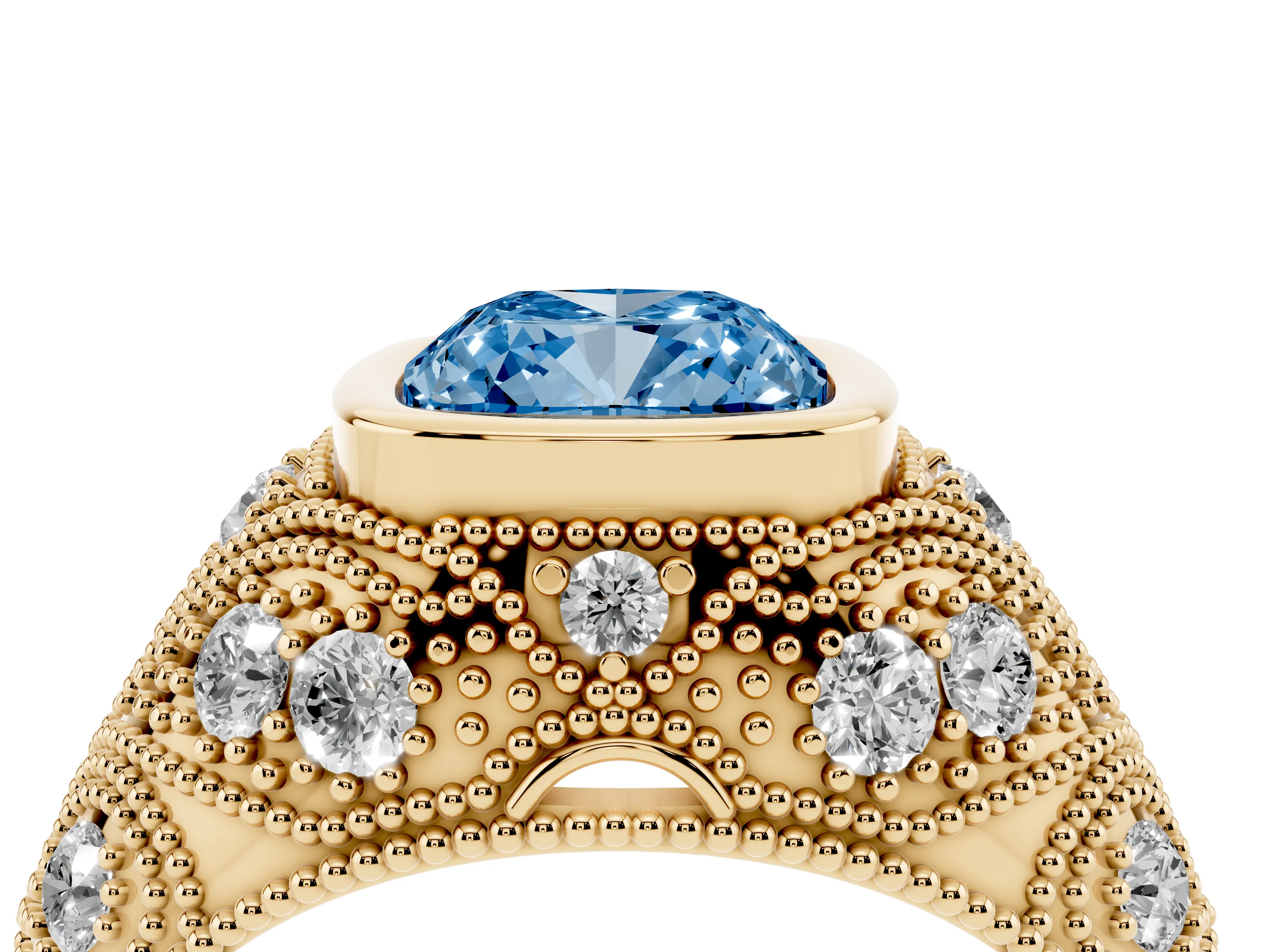 Fancy Blue Cushion Cut Diamond Bezel Ring Set in Yellow gold with Milgrain Accent Band