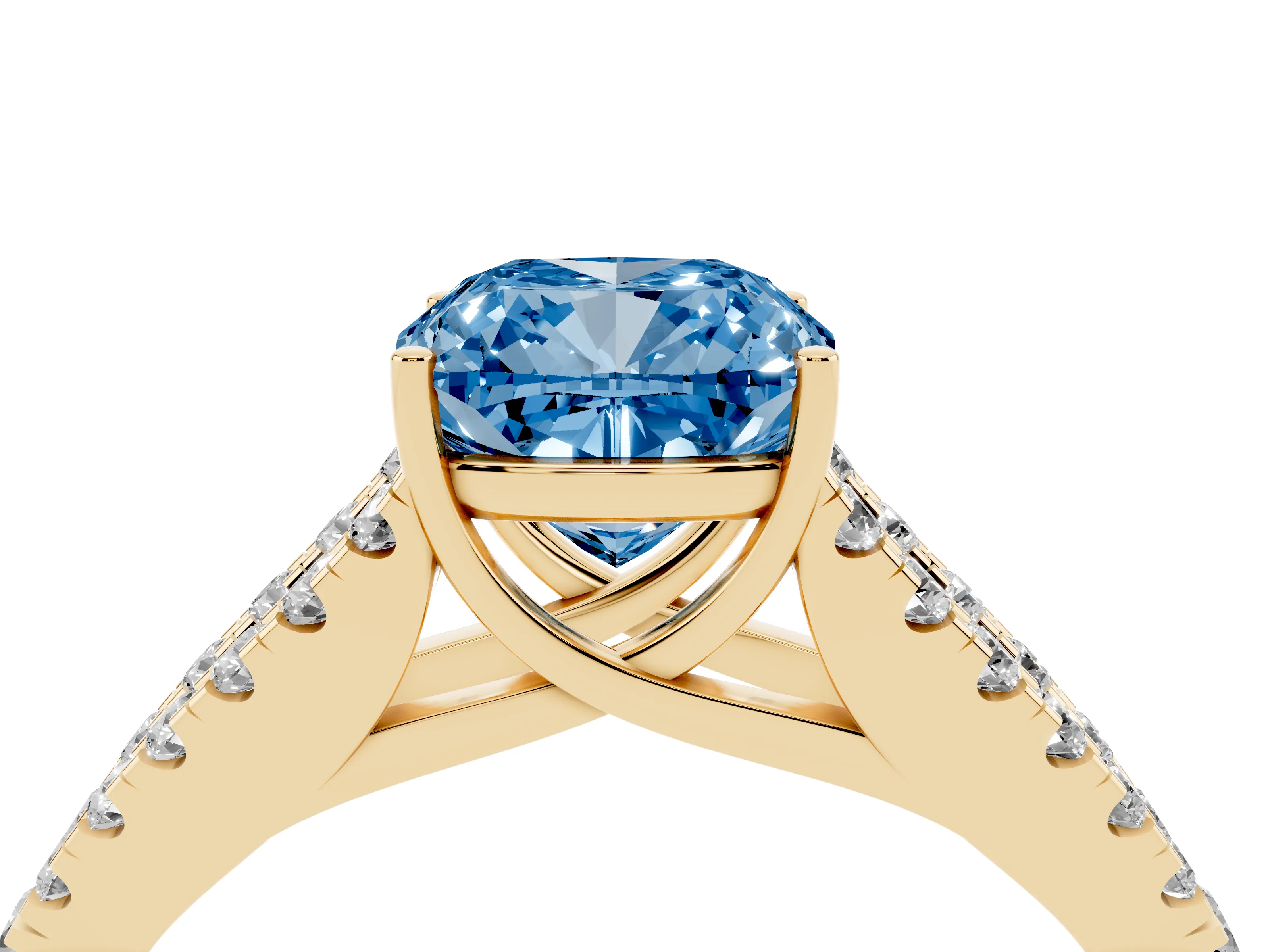 Fancy Blue Cushion Cut Diamond Split Shank Pavé Engagement Ring Set in Yellow gold with Prong-Held Center Stone