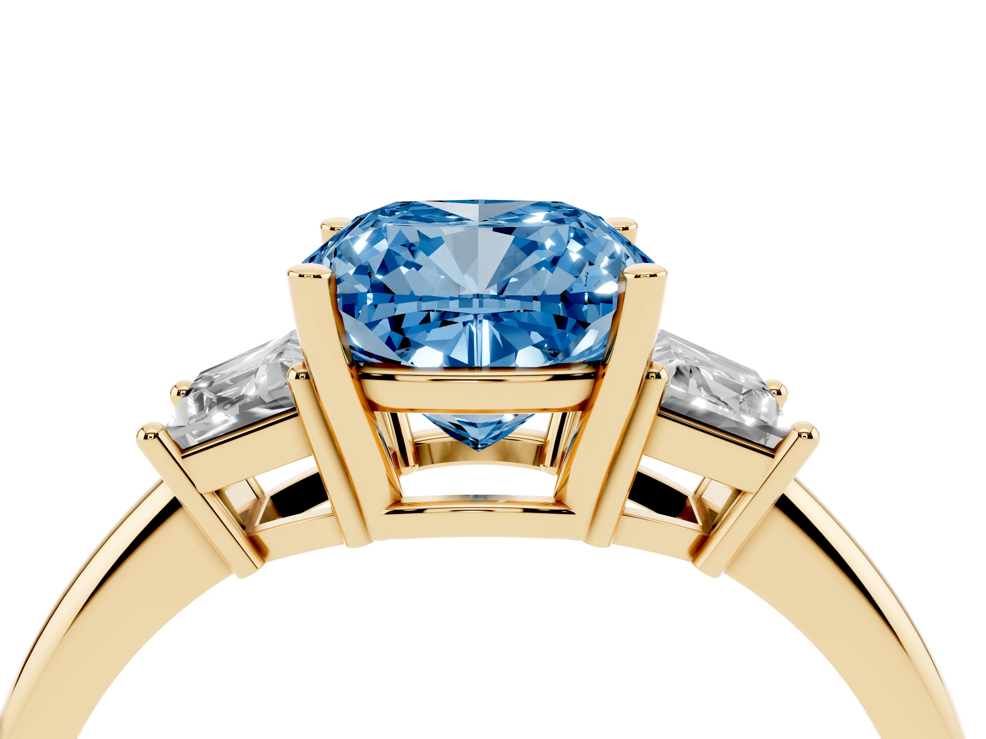 Fancy Blue Cushion Cut Diamond Three-Stone Ring Set in Yellow gold with Trapezoid Side Stones and Prong Setting