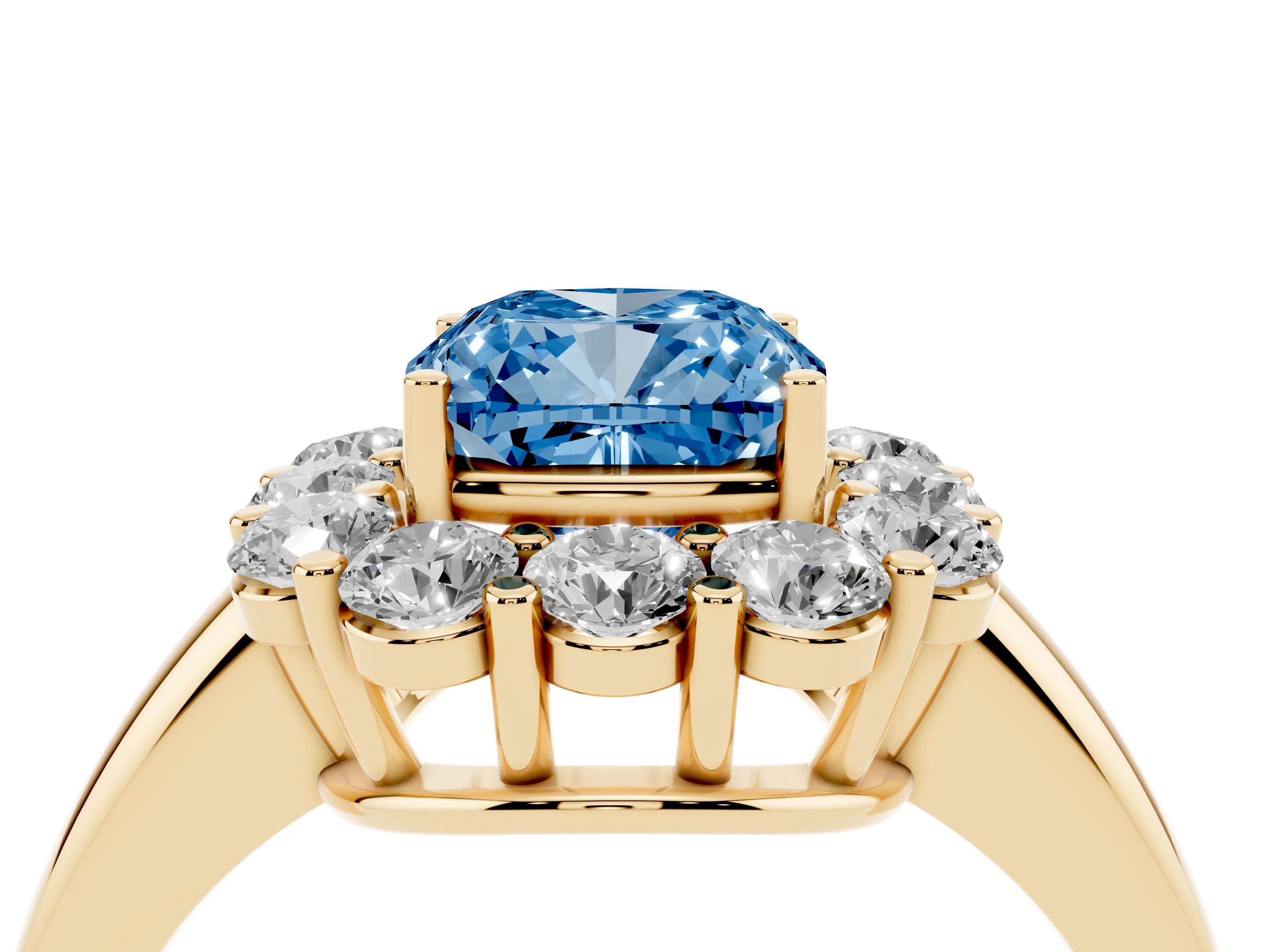 Fancy Blue Cushion Cut Diamond Halo Cluster Engagement Ring Set in Yellow gold with Polished Band and Prong Setting