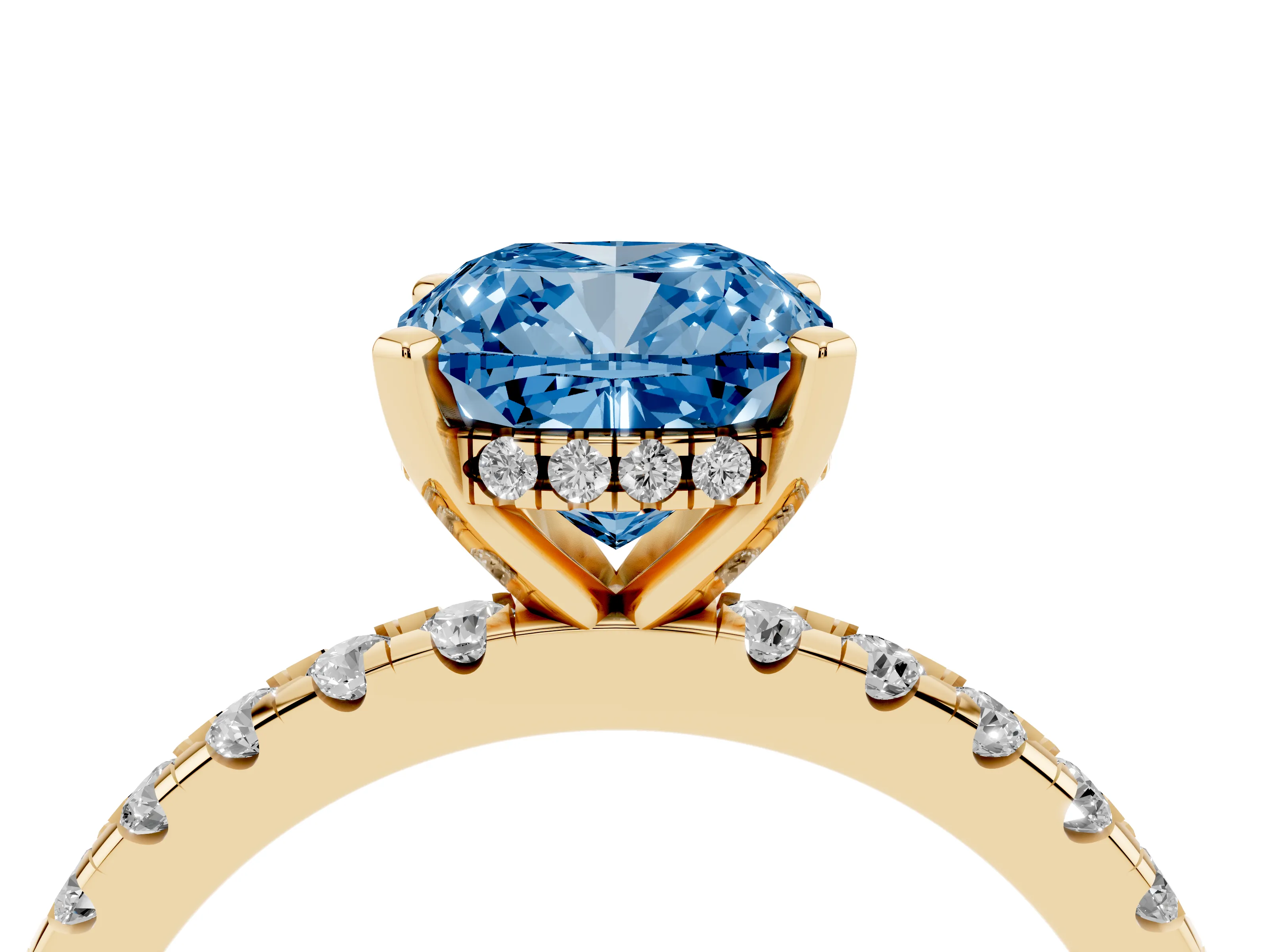 Fancy Blue Cushion Cut Diamond Pavé Solitaire Ring Set in Yellow gold with Round Band Accents and Prong Setting