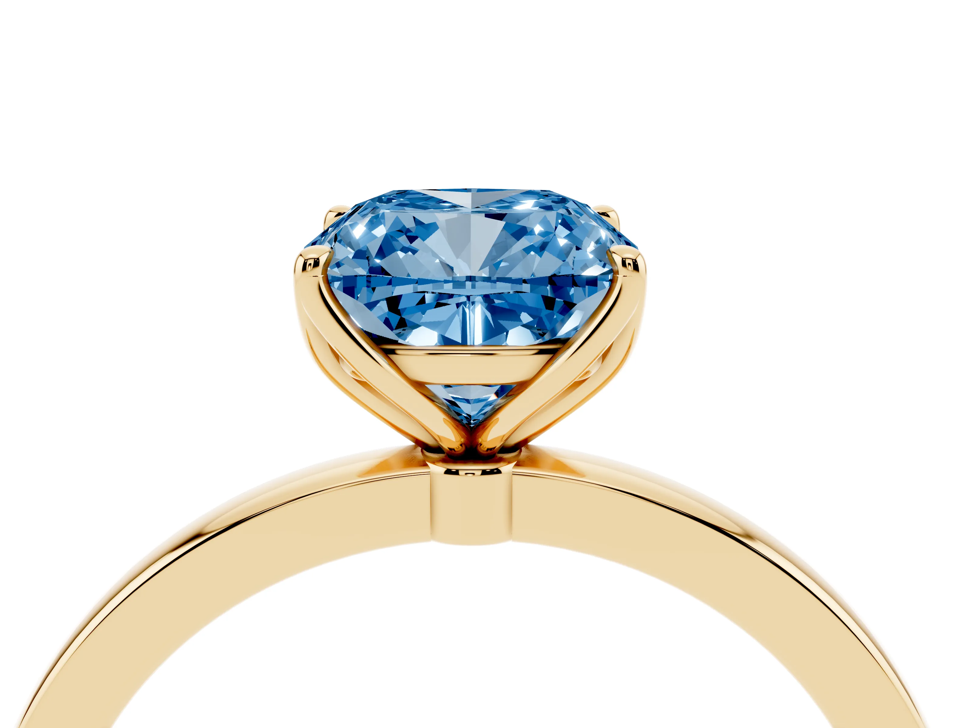 Fancy Blue Cushion Cut Diamond Solitaire Ring Set in Yellow gold with Prong Setting and Thin Polished Band