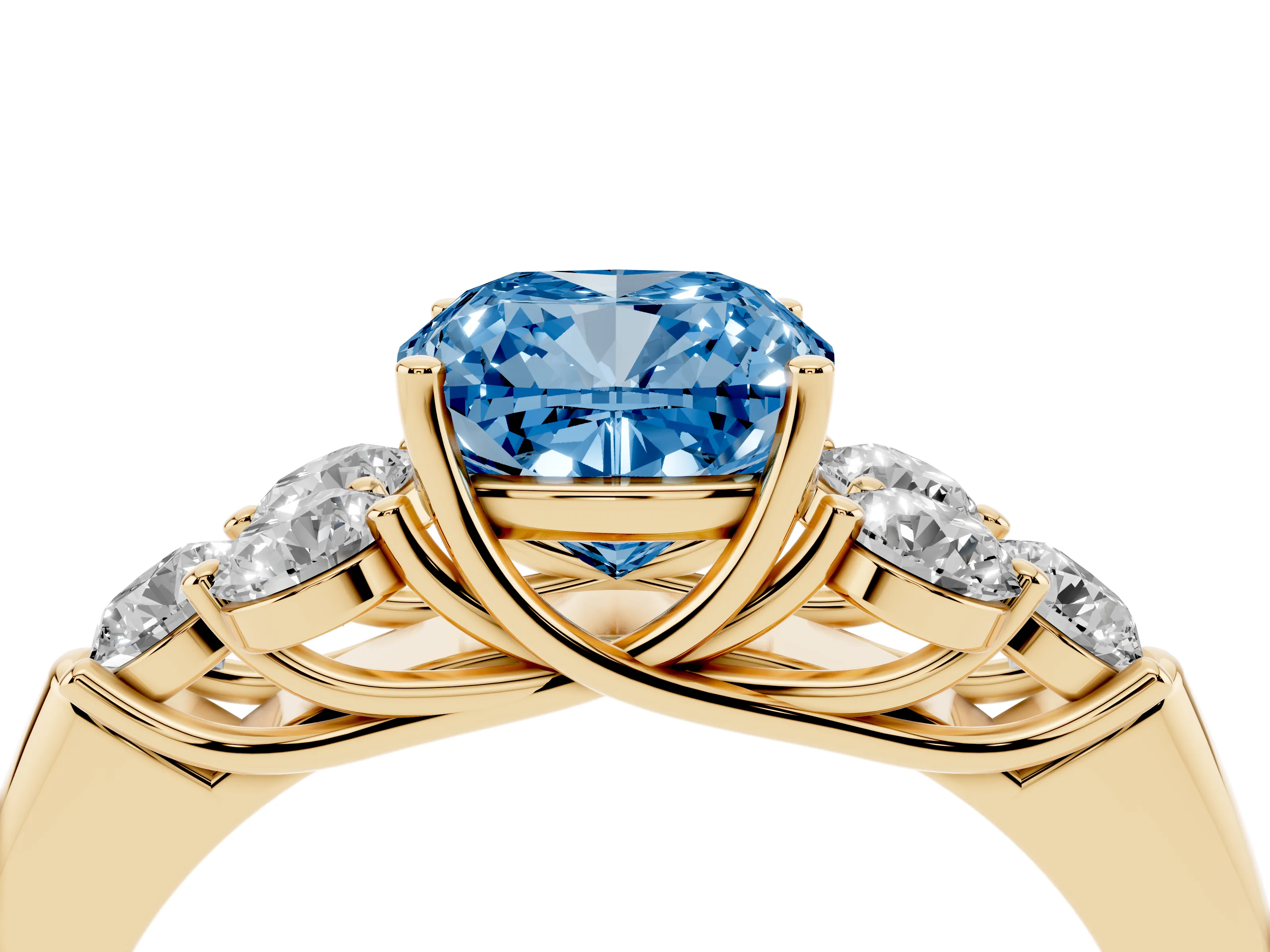 Fancy Blue Cushion Cut Diamond Cluster Ring Set in Yellow gold with Round Accent Stones and Prong Setting on a Plain Band