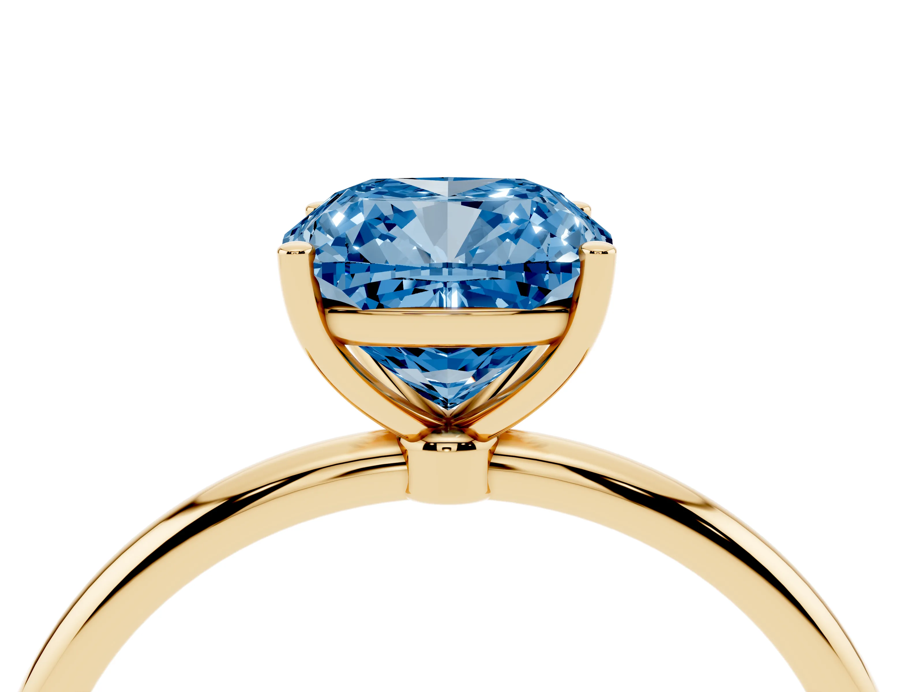 Fancy Blue Cushion Cut Diamond Solitaire Engagement Ring Set in Yellow gold with Thin Band and Prong Setting