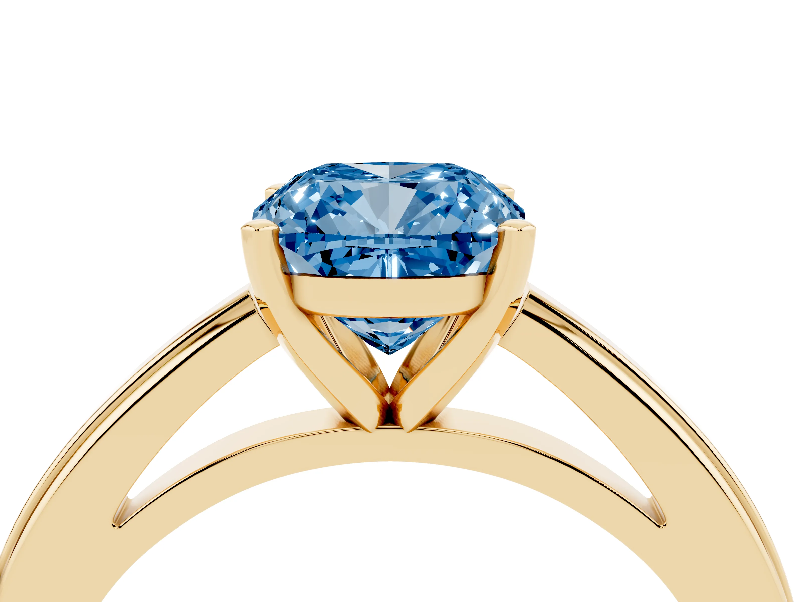 Fancy Blue Cushion Cut Diamond Solitaire Ring Set in Yellow gold with Prong Setting and Classic Band