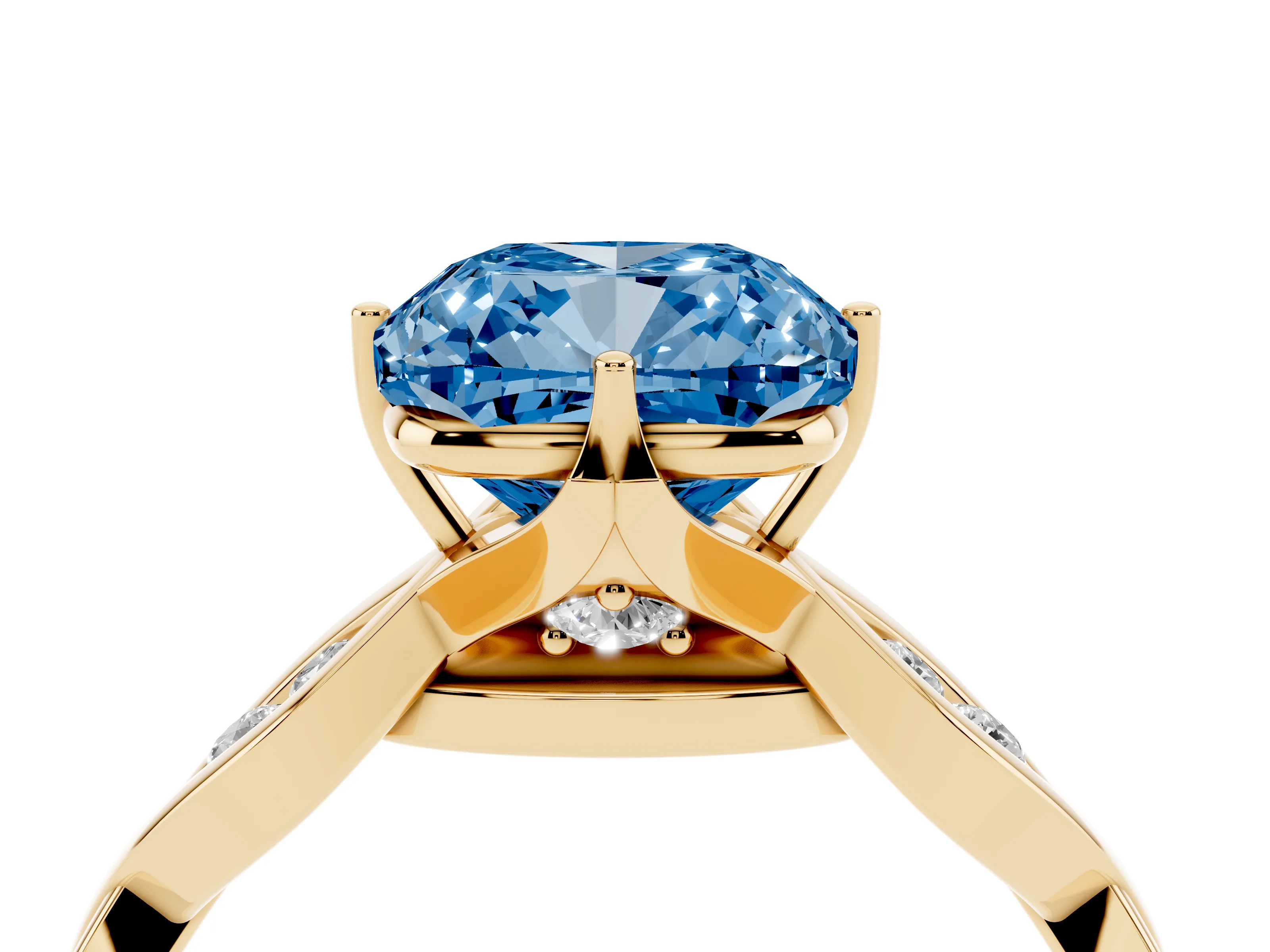 Fancy Blue Cushion Cut Diamond Twist Band Solitaire Ring Set in Yellow gold with Leaf Prong Setting and Accent Stones