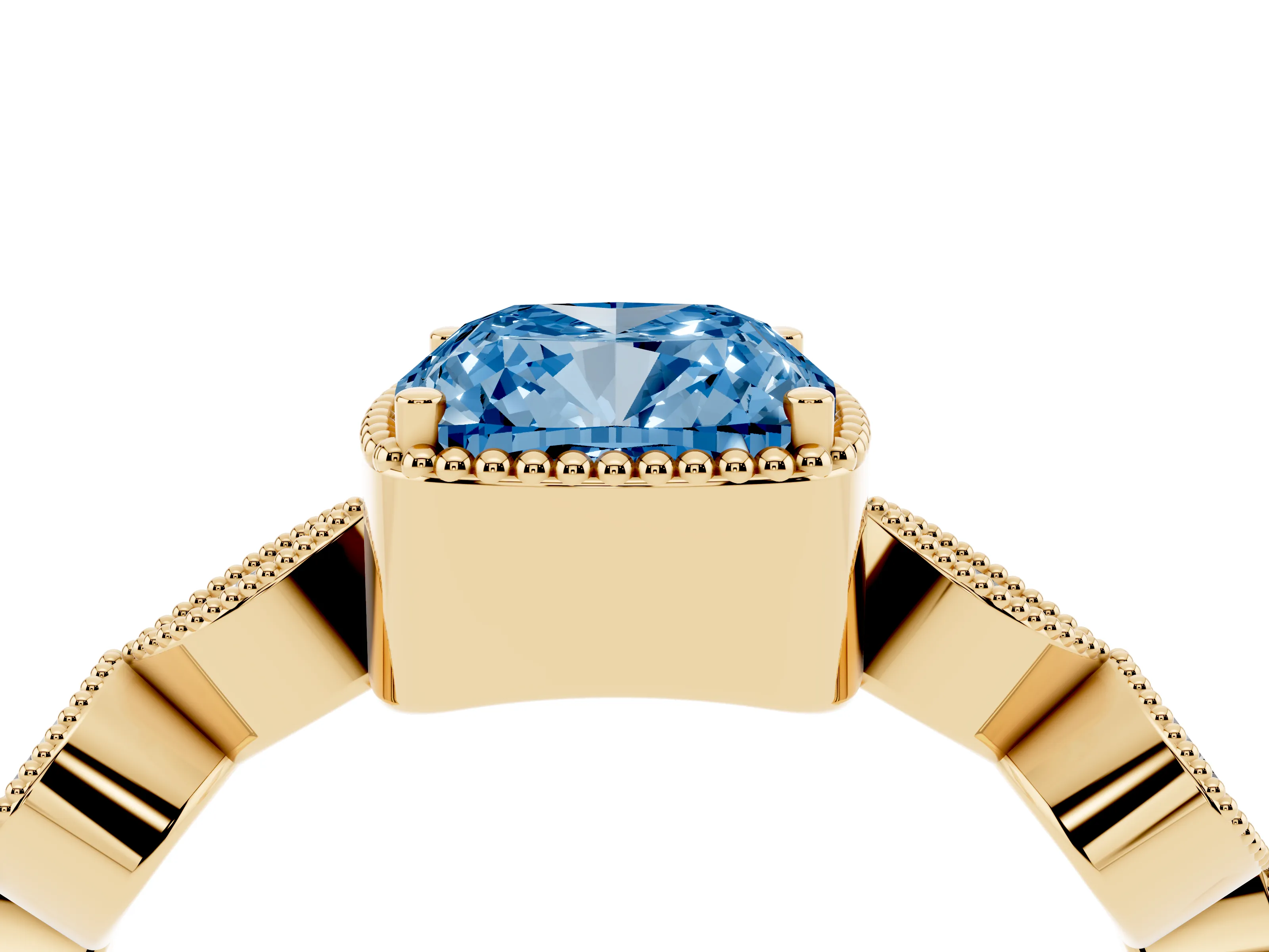 Fancy Blue Cushion Cut Diamond Vintage-Inspired Milgrain Ring Set in Yellow gold with Marquise Stations of Round Accents