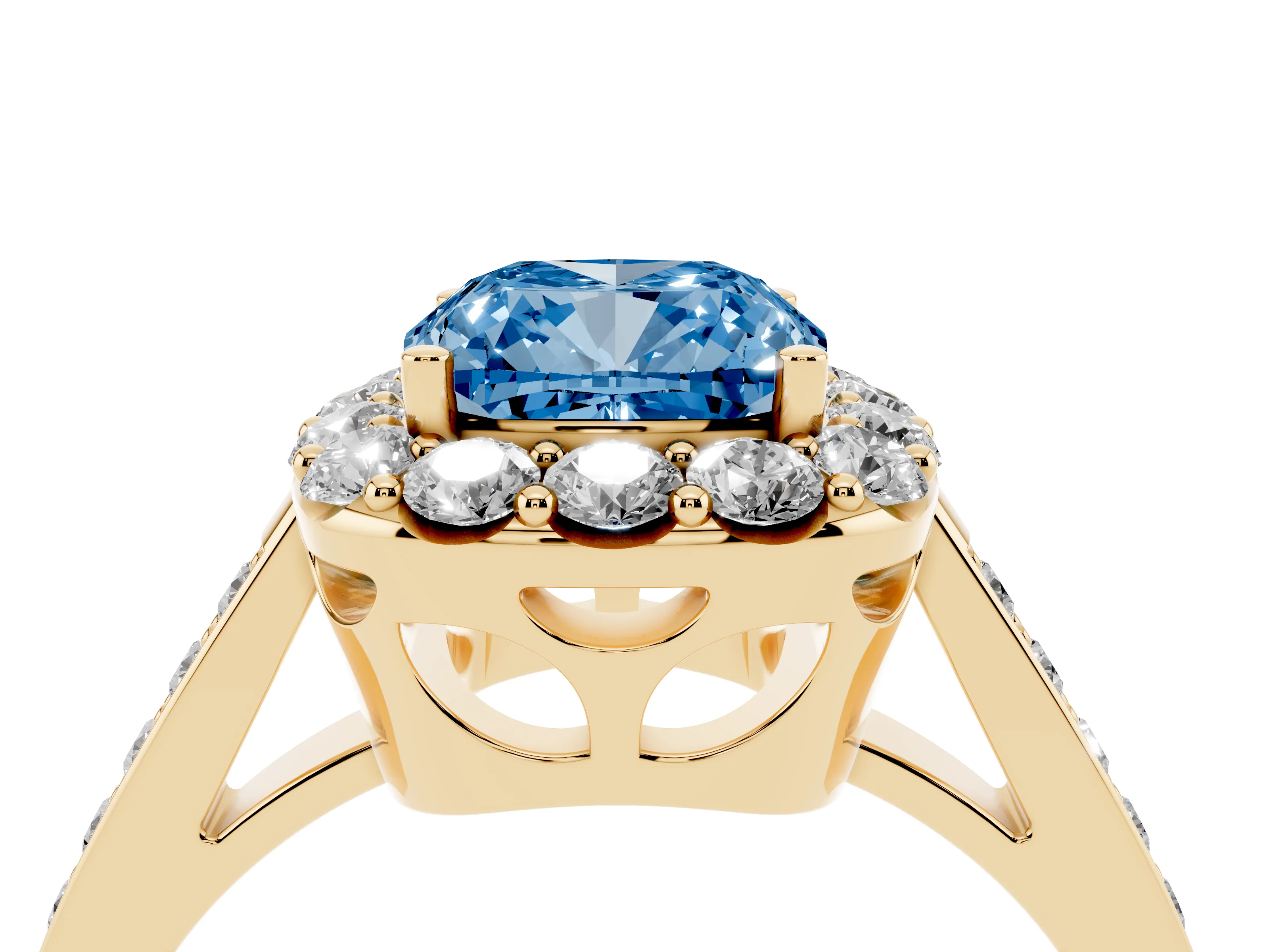 Fancy Blue Cushion Cut Diamond Floral Halo Ring Set in Yellow gold with Pavé Band and Prong Setting