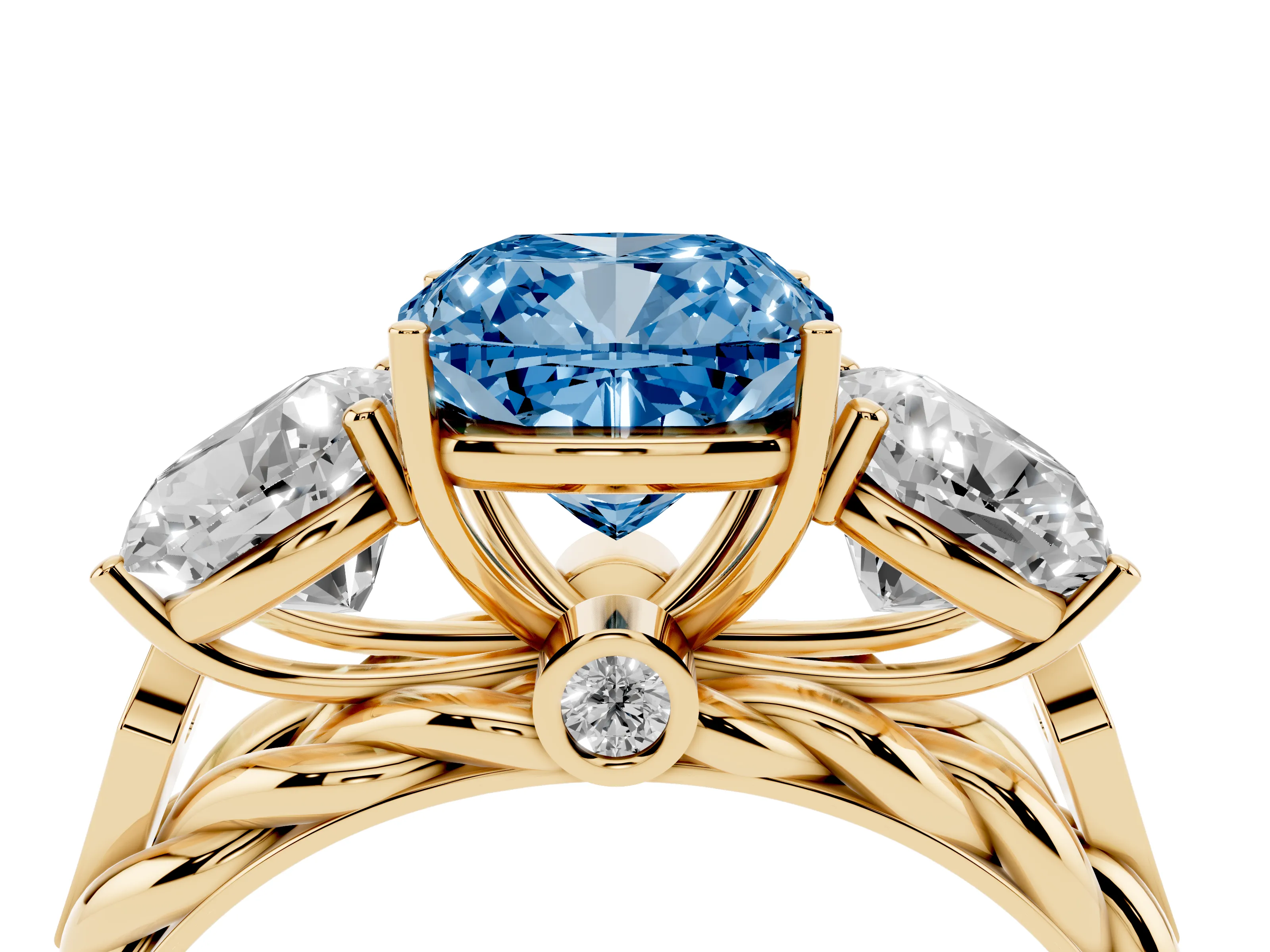 Fancy Blue Cushion Cut Diamond Three-Stone Ring Set in Yellow gold with Braided Band