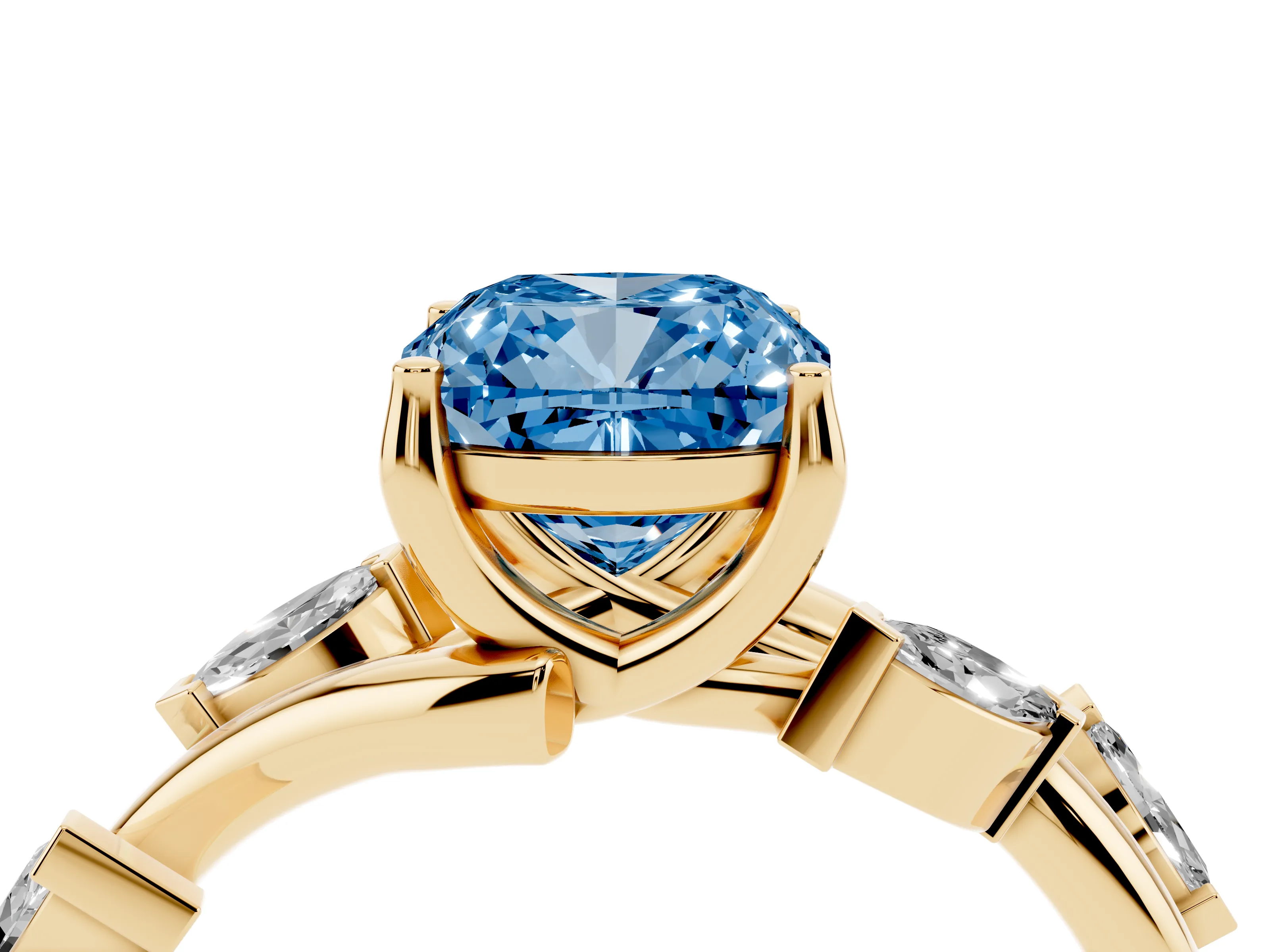 Fancy Blue Cushion Cut Diamond Solitaire Ring Set in Yellow gold with Twisted Marquise Accent Band