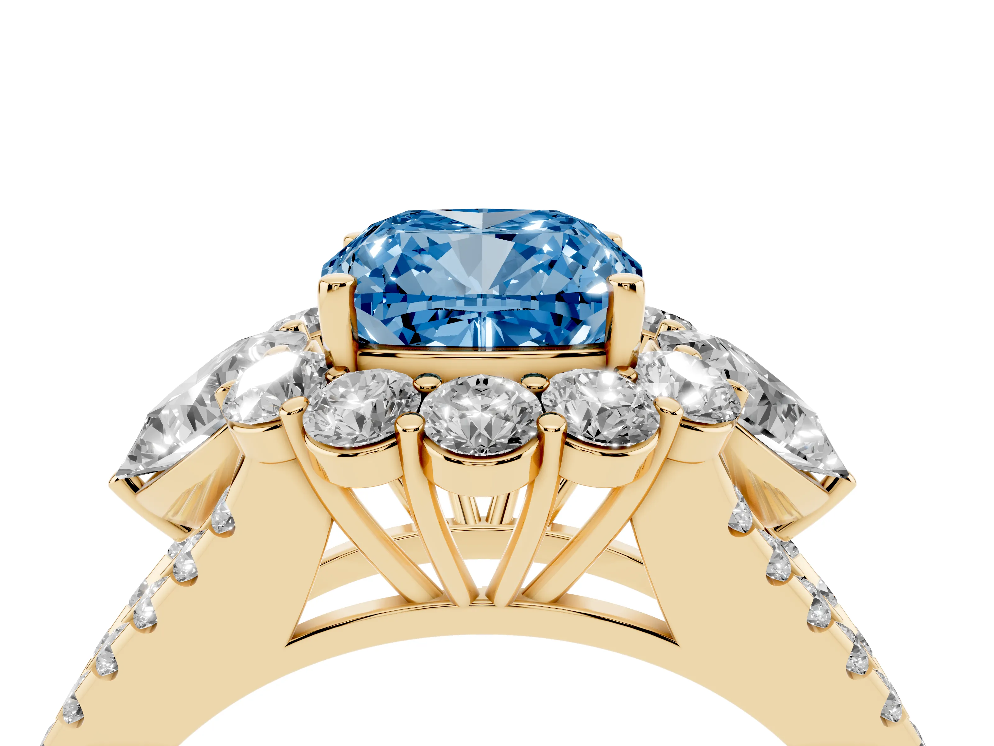 Cushion Cut Scalloped Halo Engagement Ring Setting for a Fancy Blue Lab-Grown Diamond | Pear Side Stones | Yellow Gold