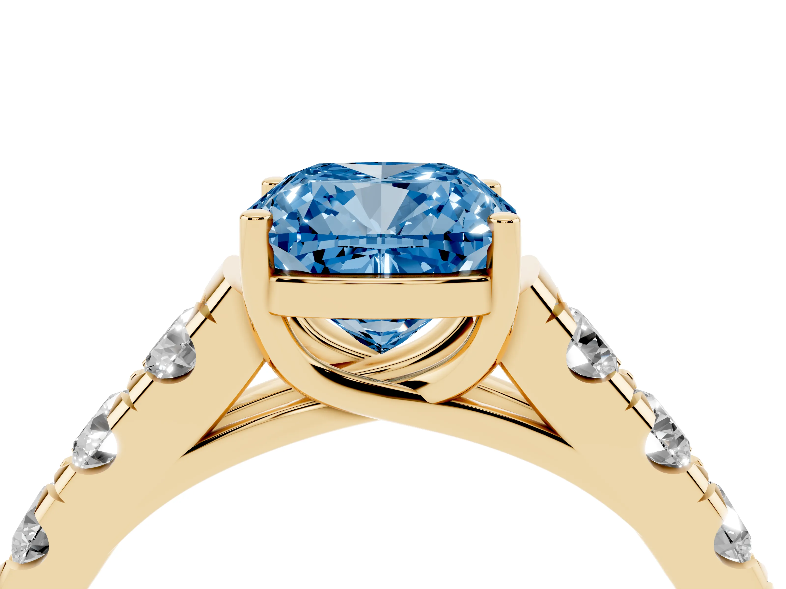 Fancy Blue Cushion Cut Diamond Solitaire Ring Set in Yellow gold with Cut-Down Micro Pavé Band and Prong Setting