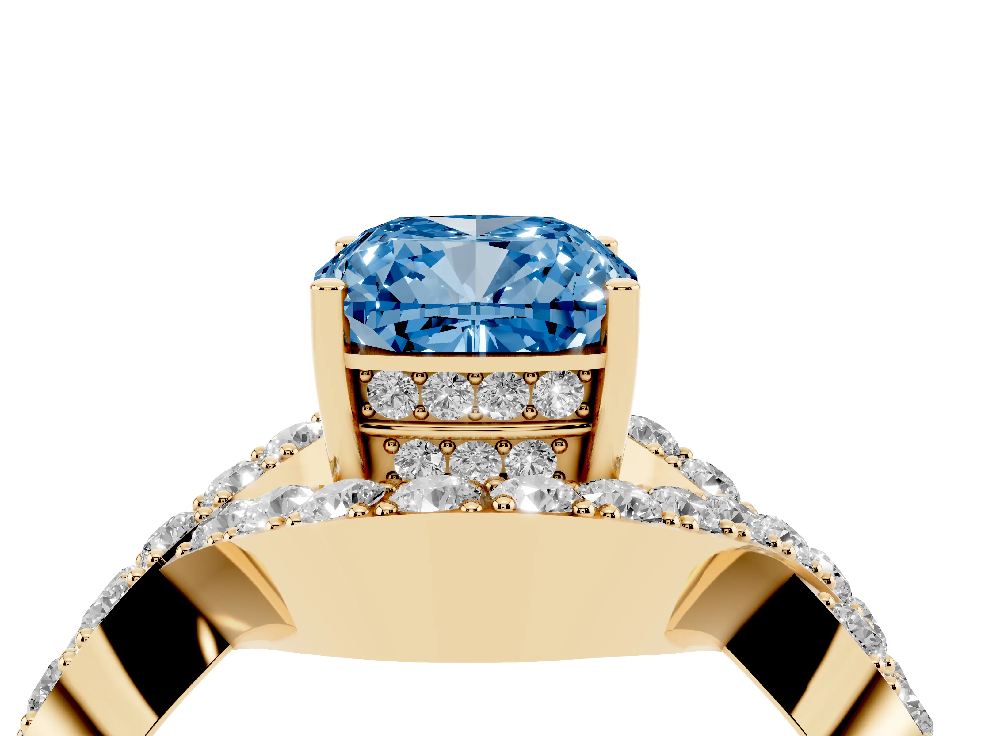 Fancy Blue Cushion Cut Diamond Solitaire Twist Band Pavé Engagement Ring Set in Yellow gold