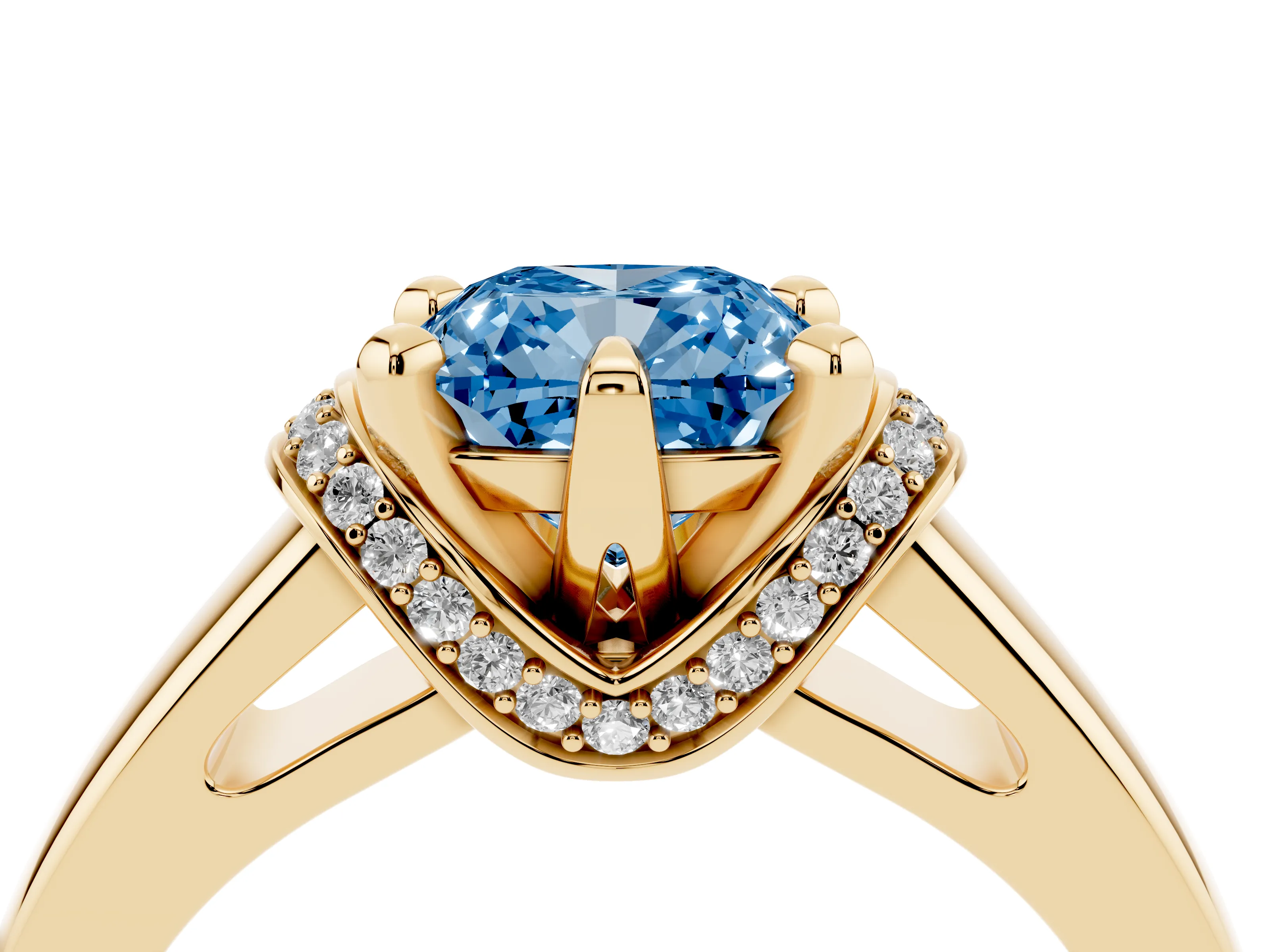 Fancy Blue Cushion Cut Diamond Pavé Band Solitaire Ring Set in Yellow gold with Prong Setting