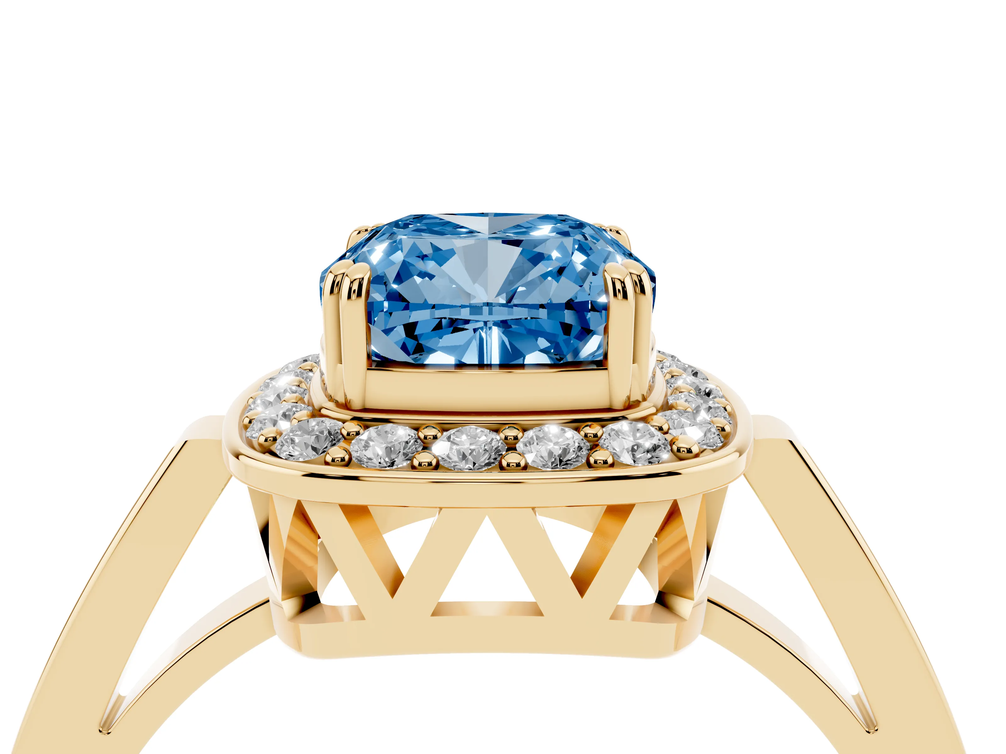 Fancy Blue Cushion Cut Diamond Halo Ring Set in Yellow gold with Accent-Lined Split Shank and Prong Setting