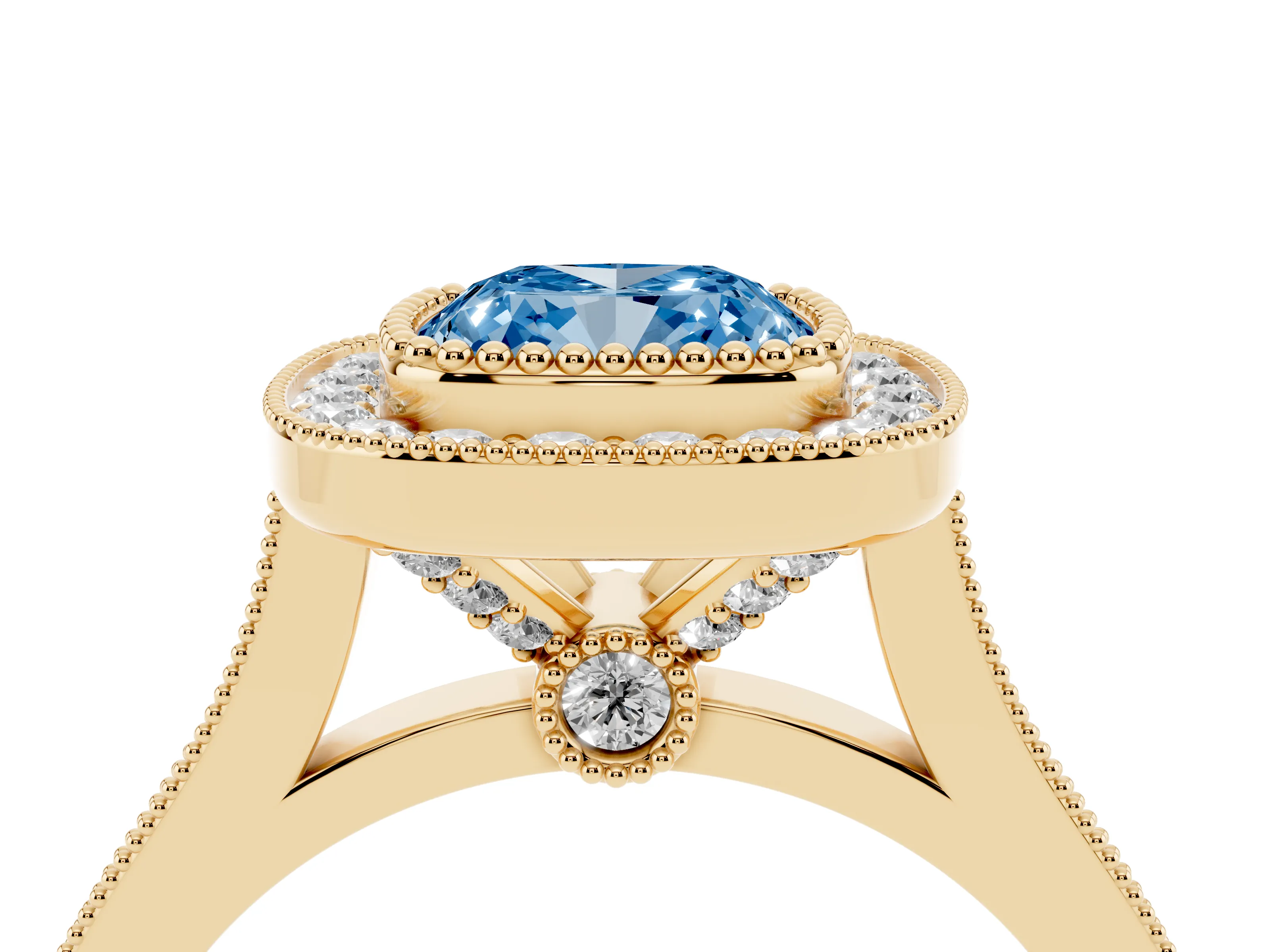 Fancy Blue Cushion Cut Diamond Halo Ring Set in Yellow gold with Milgrain Frame and Pavé Band