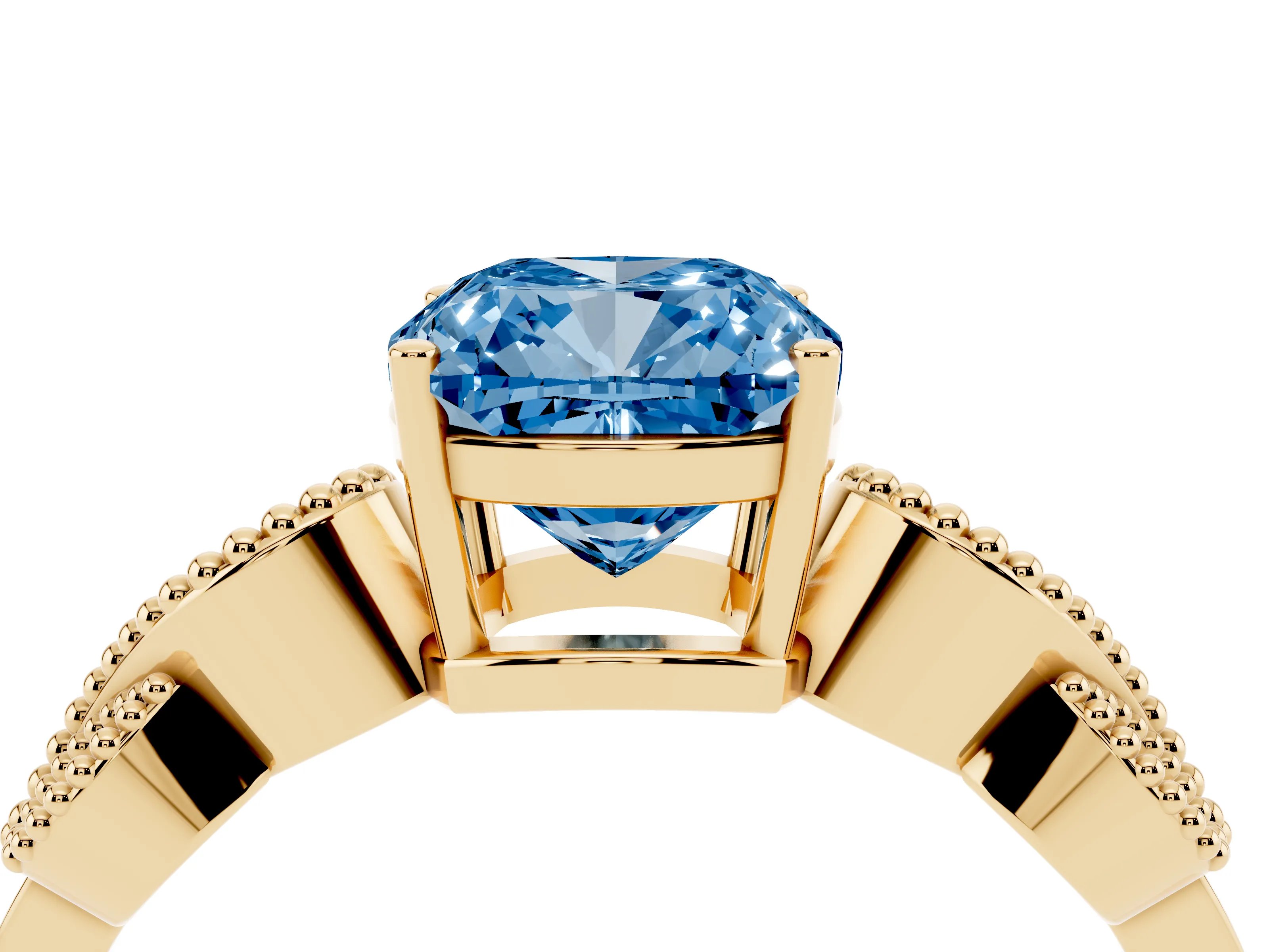 Fancy Blue Cushion Cut Diamond Milgrain Leaf Band Solitaire Ring Set in Yellow gold with Accent Stones and Prong Setting